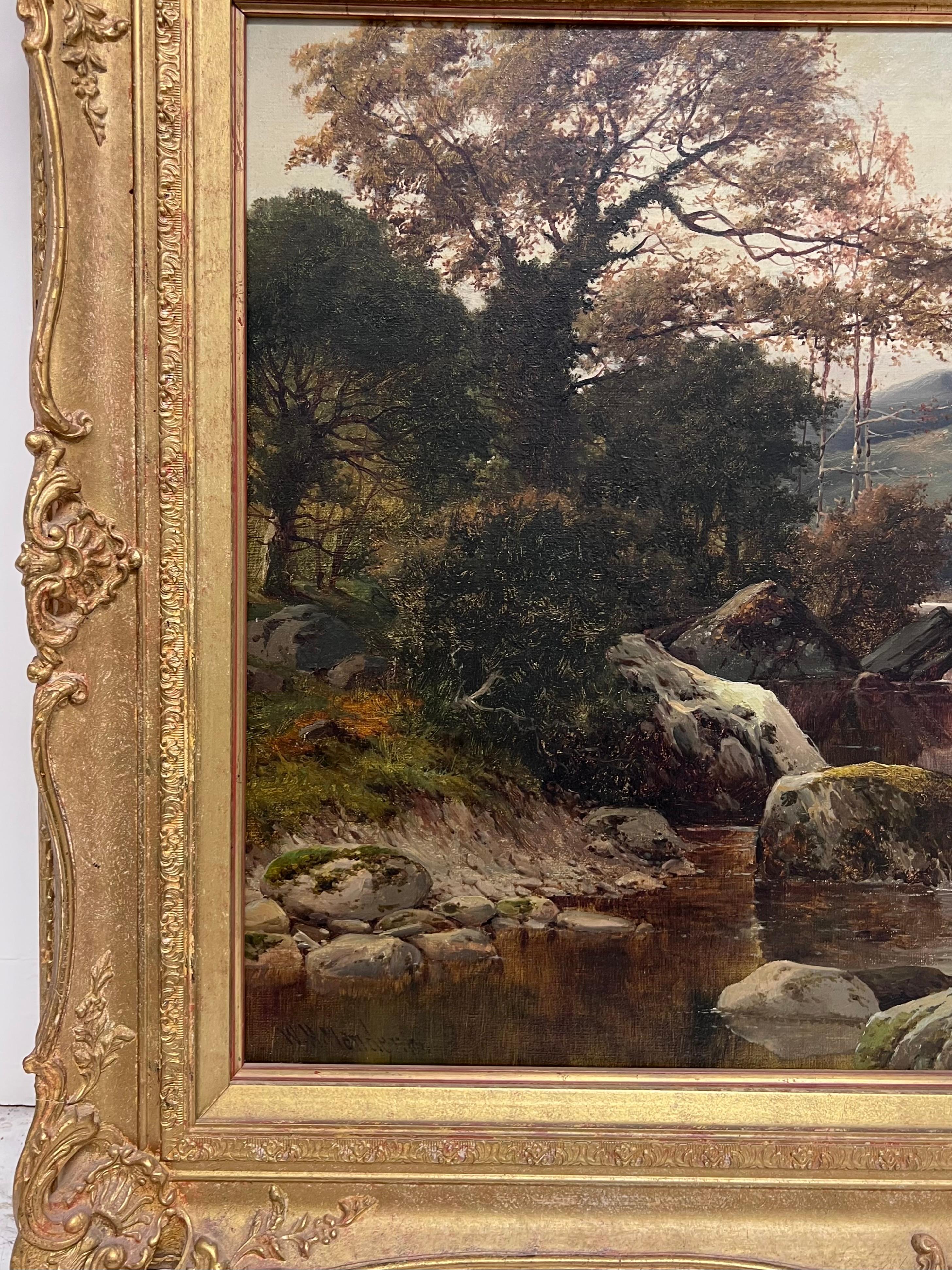 Fein 1890's British viktorianischen signiert Welsh Landschaft Ölgemälde Angler Fluss (Braun), Figurative Painting, von William Henry Mander 