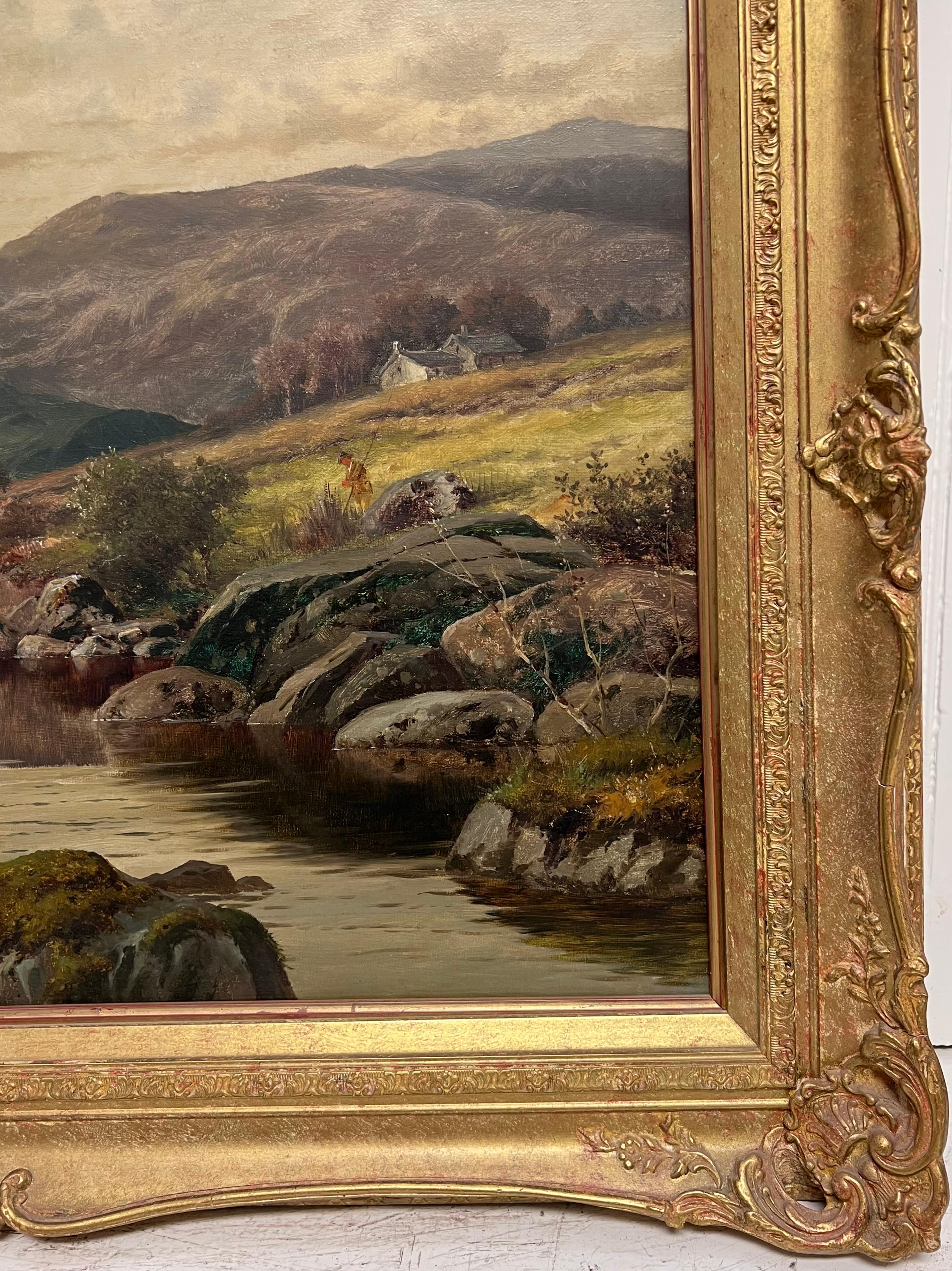 Fein 1890's British viktorianischen signiert Welsh Landschaft Ölgemälde Angler Fluss im Angebot 1