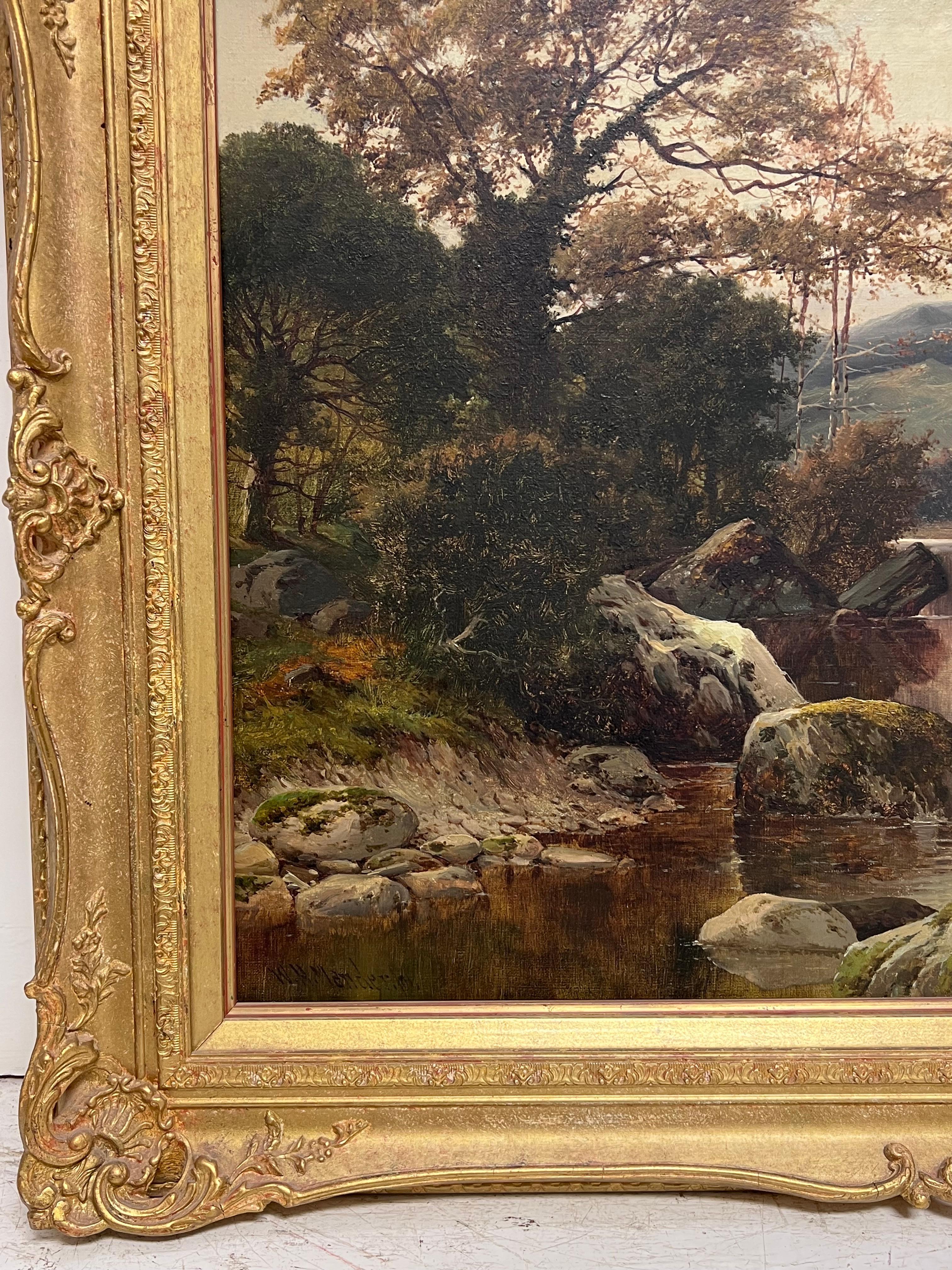 Fein 1890's British viktorianischen signiert Welsh Landschaft Ölgemälde Angler Fluss im Angebot 2
