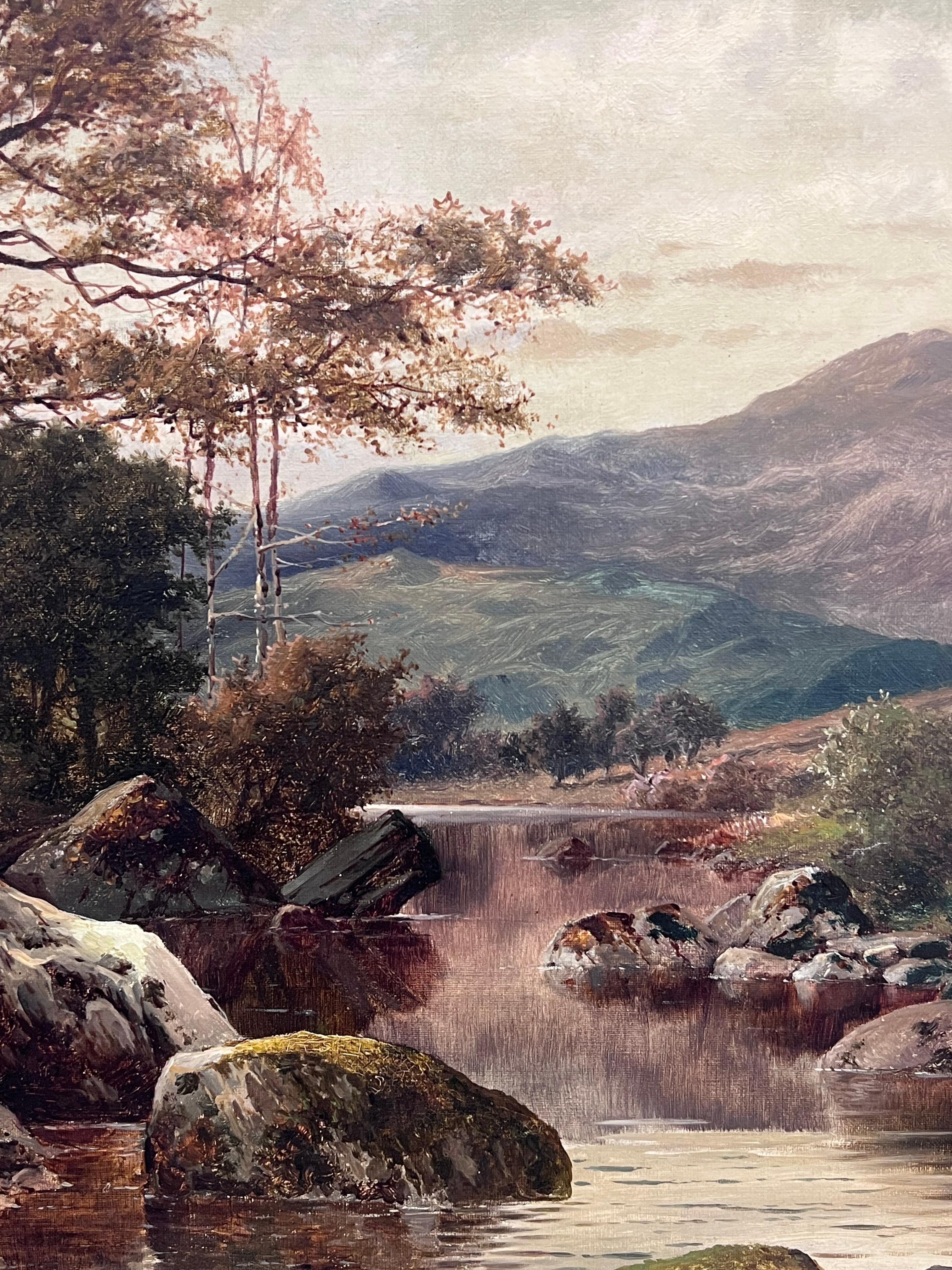 Fein 1890's British viktorianischen signiert Welsh Landschaft Ölgemälde Angler Fluss im Angebot 4