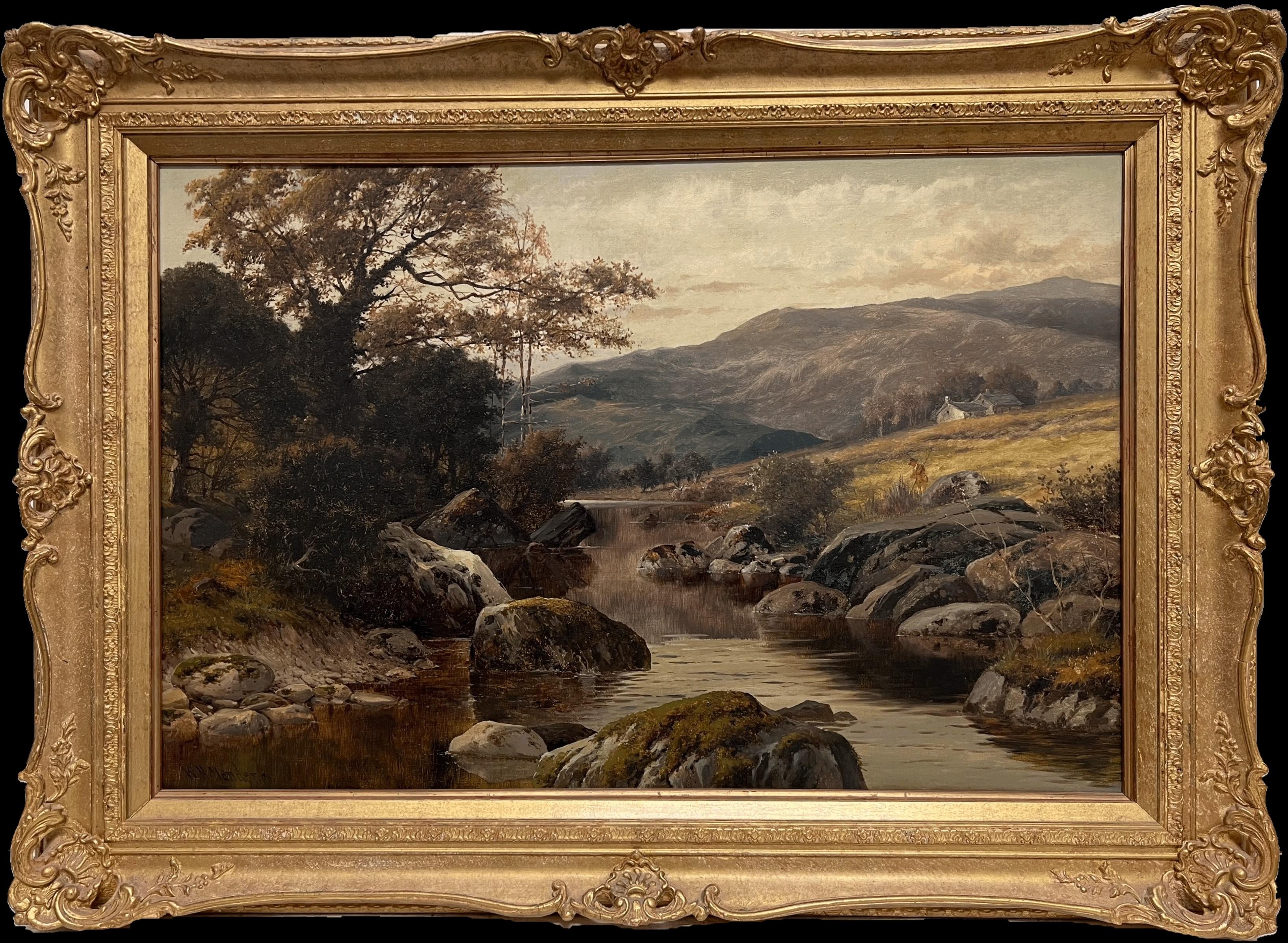 William Henry Mander  Figurative Painting – Fein 1890's British viktorianischen signiert Welsh Landschaft Ölgemälde Angler Fluss