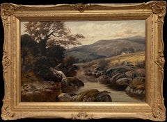 Fine 1890's British Victorian Signed Welsh Landscape Oil Painting Angler River
