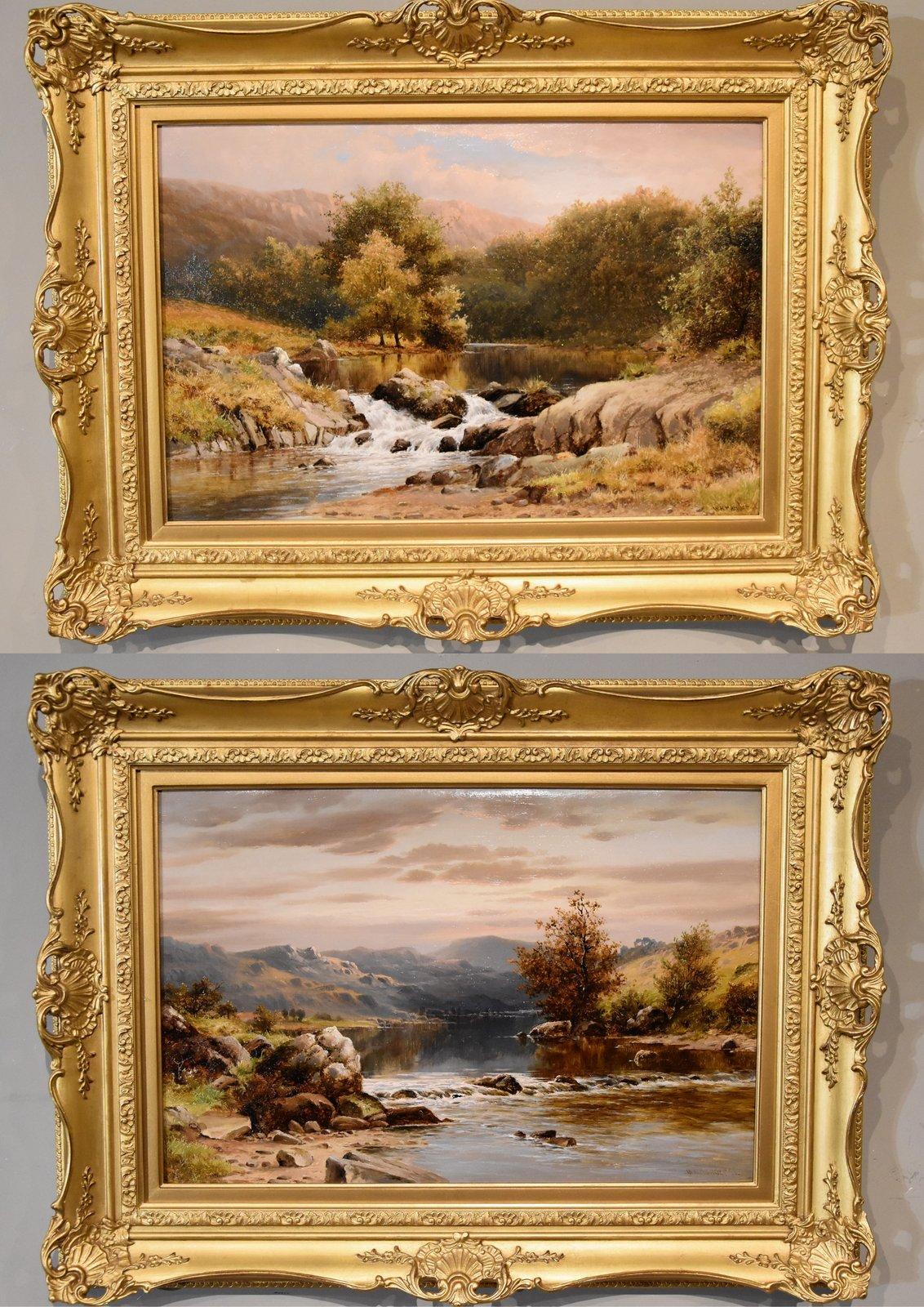 Oil Painting Pair by William Henry Mander "On the Wye" and "On the Llugwy" 1850- 1922  A Midlands painter who exhibited at the Royal Birmingham society of artists, Royal Hiberian Academy in Dublin and Cambrian academy. Both Oil on canvas. Signed and