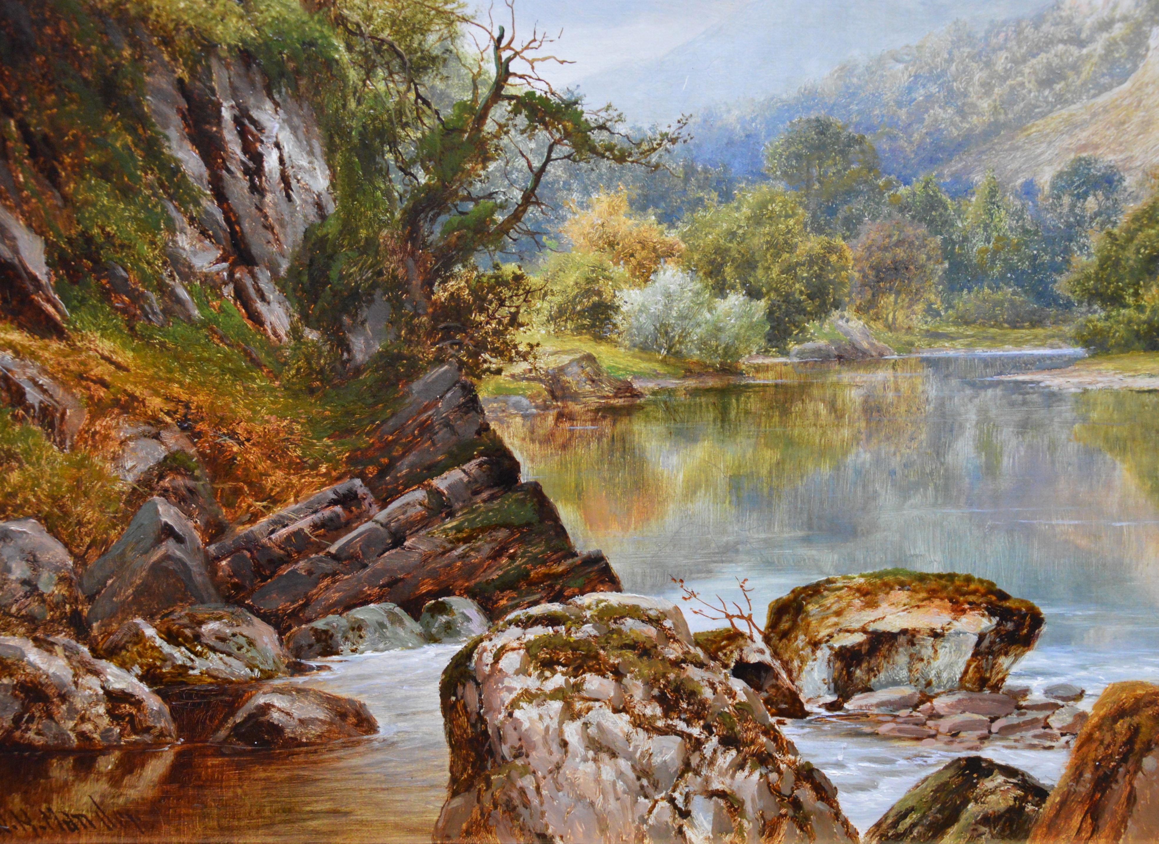A large fine 19th century oil on canvas depicting a young boy and girl and dog playing by the riverside in ‘The Lledr Valley, North Wales’ by the eminent Victorian landscape painter William Henry Mander (1850-1922). The painting is signed by the
