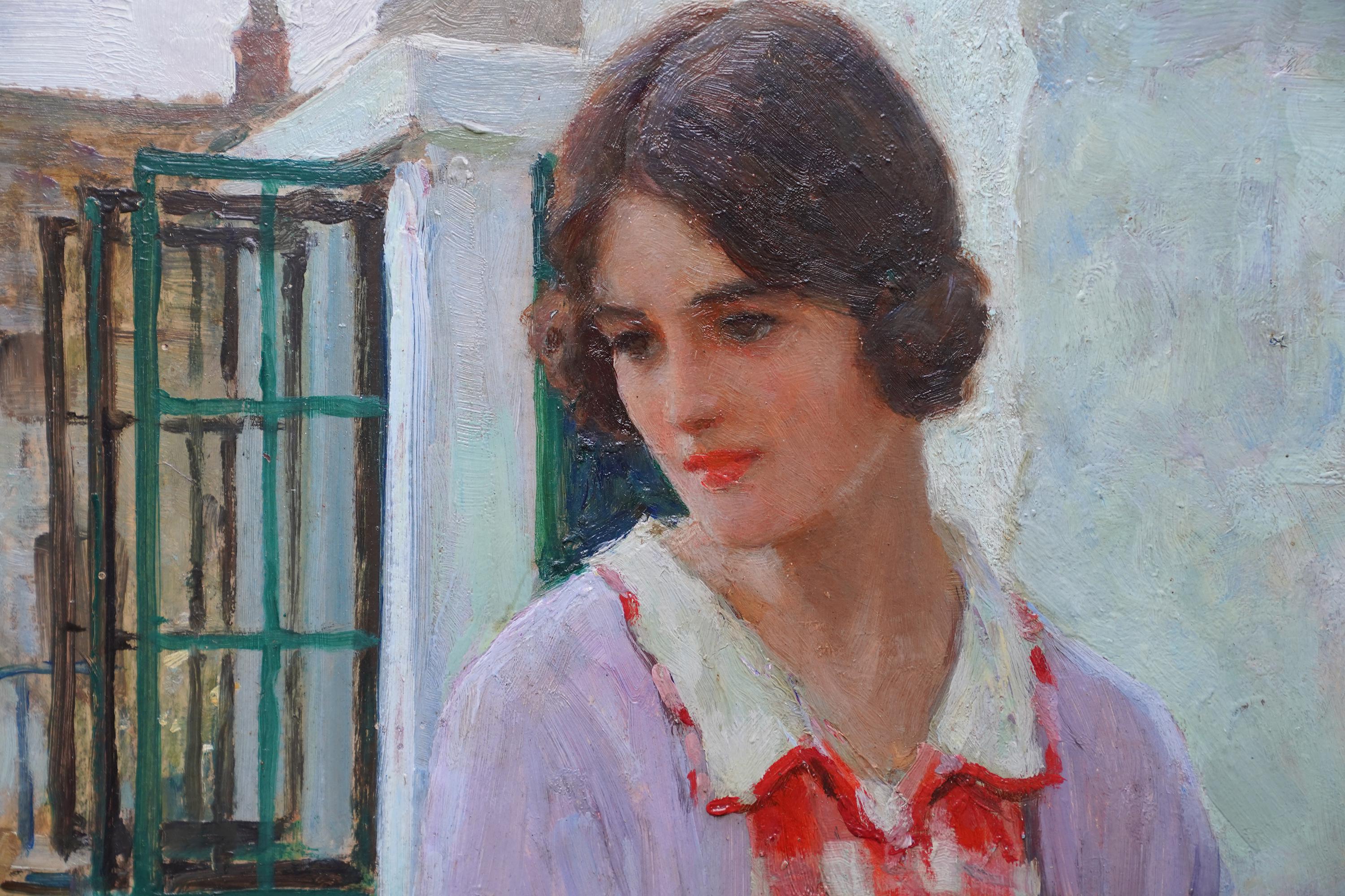 A Lass that Loved a Sailor - Portrait à l'huile de l'exposition d'art victorien britannique - Gris Portrait Painting par William Henry Margetson