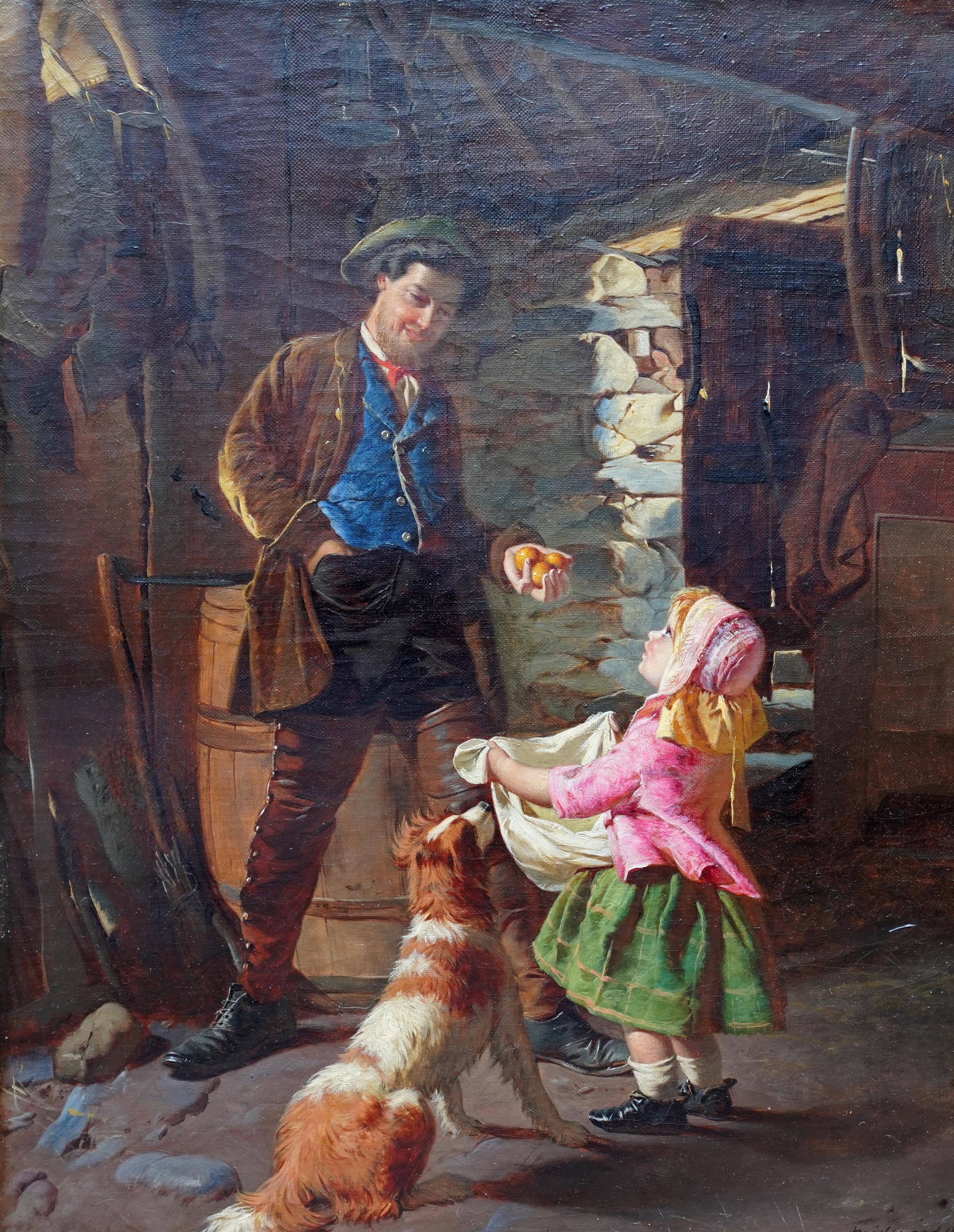 Portrait d'une fille de fermier et d'un chien - peinture à l'huile de genre britannique du 19e siècle - Painting de William Henry Midwood