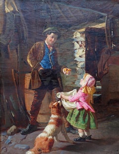 Portrait of a Farmer Daughter and Dog - British 19th century genre oil painting