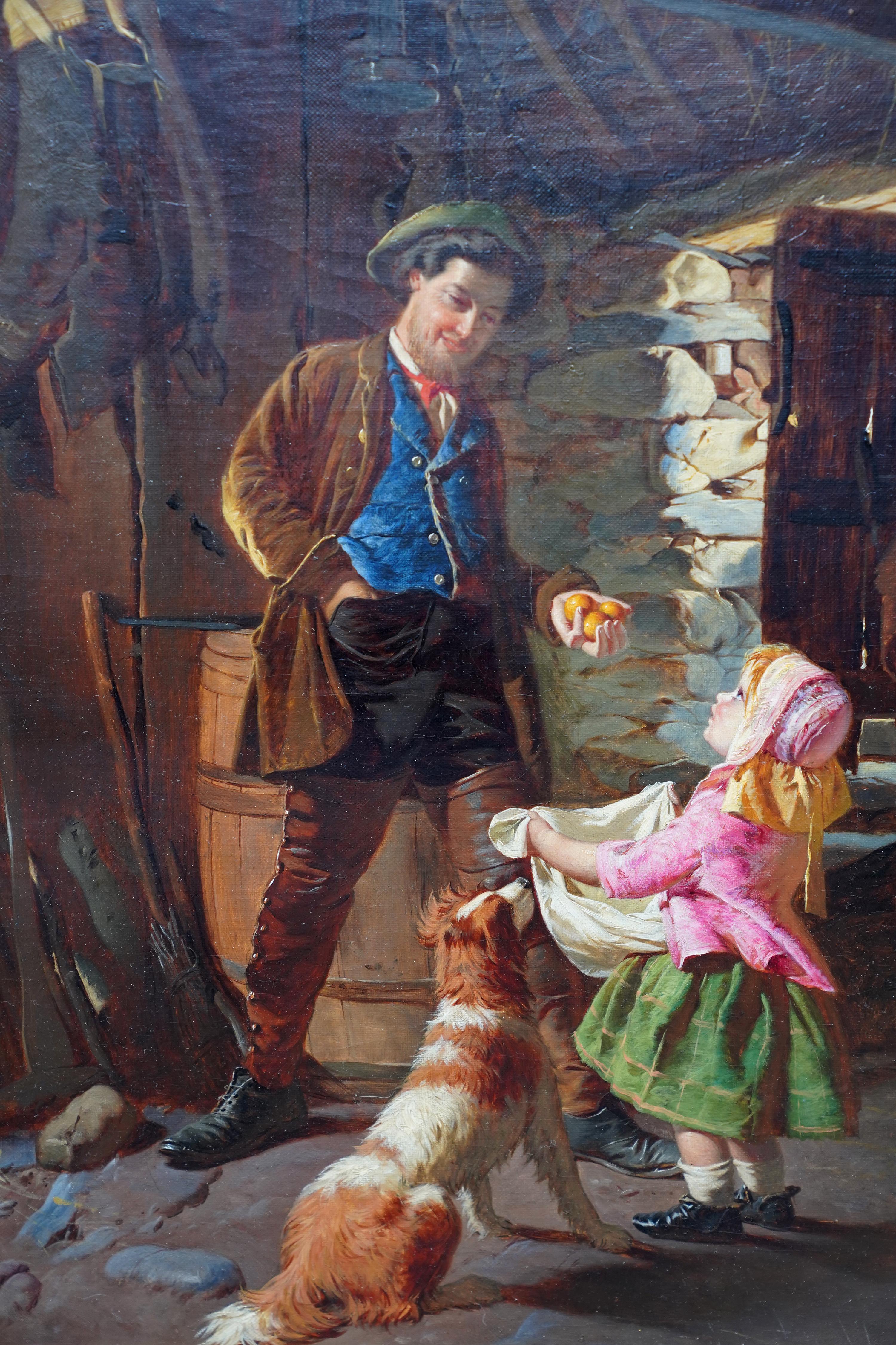 Cette charmante peinture à l'huile de genre colorée du 19e siècle britannique est l'œuvre de l'artiste victorien William Henry Midwood. Peinte vers 1870, cette charmante scène d'intérieur victorienne représente un fermier, sa fille et leur chien