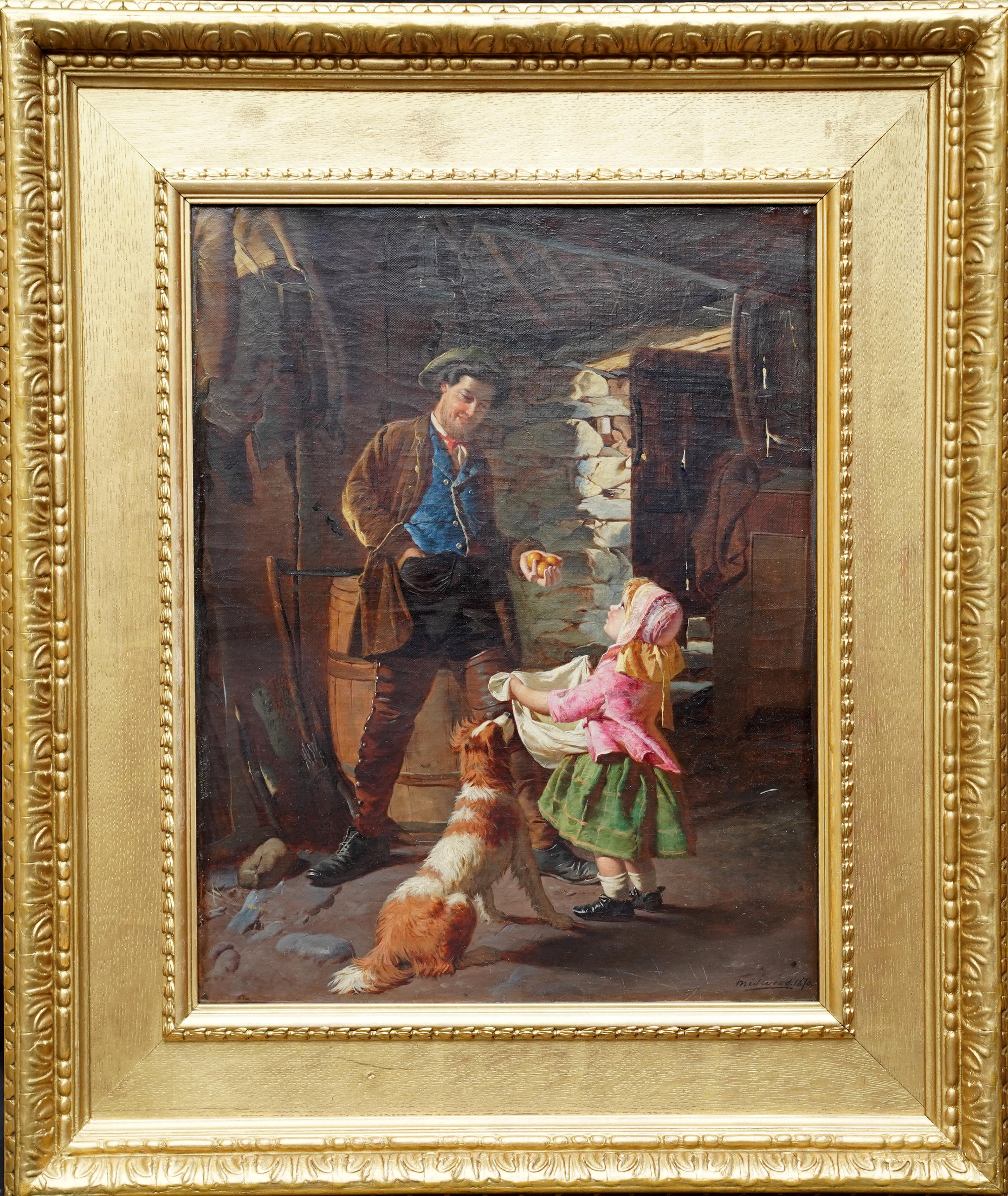 Portrait d'une fille de fermier et d'un chien - peinture à l'huile de genre britannique du 19e siècle