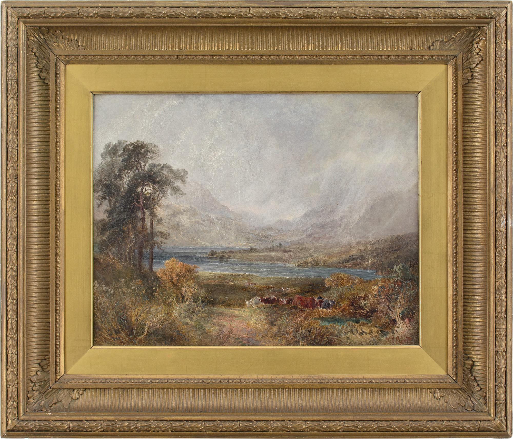 This mid-19th-century oil painting by British artist William Henry Pigott (1835-1901) depicts a Scottish loch with highland cattle.

A lake, enlivened with ripples of reflected light, bends around rugged scenery. Its light blue punctuated by darker