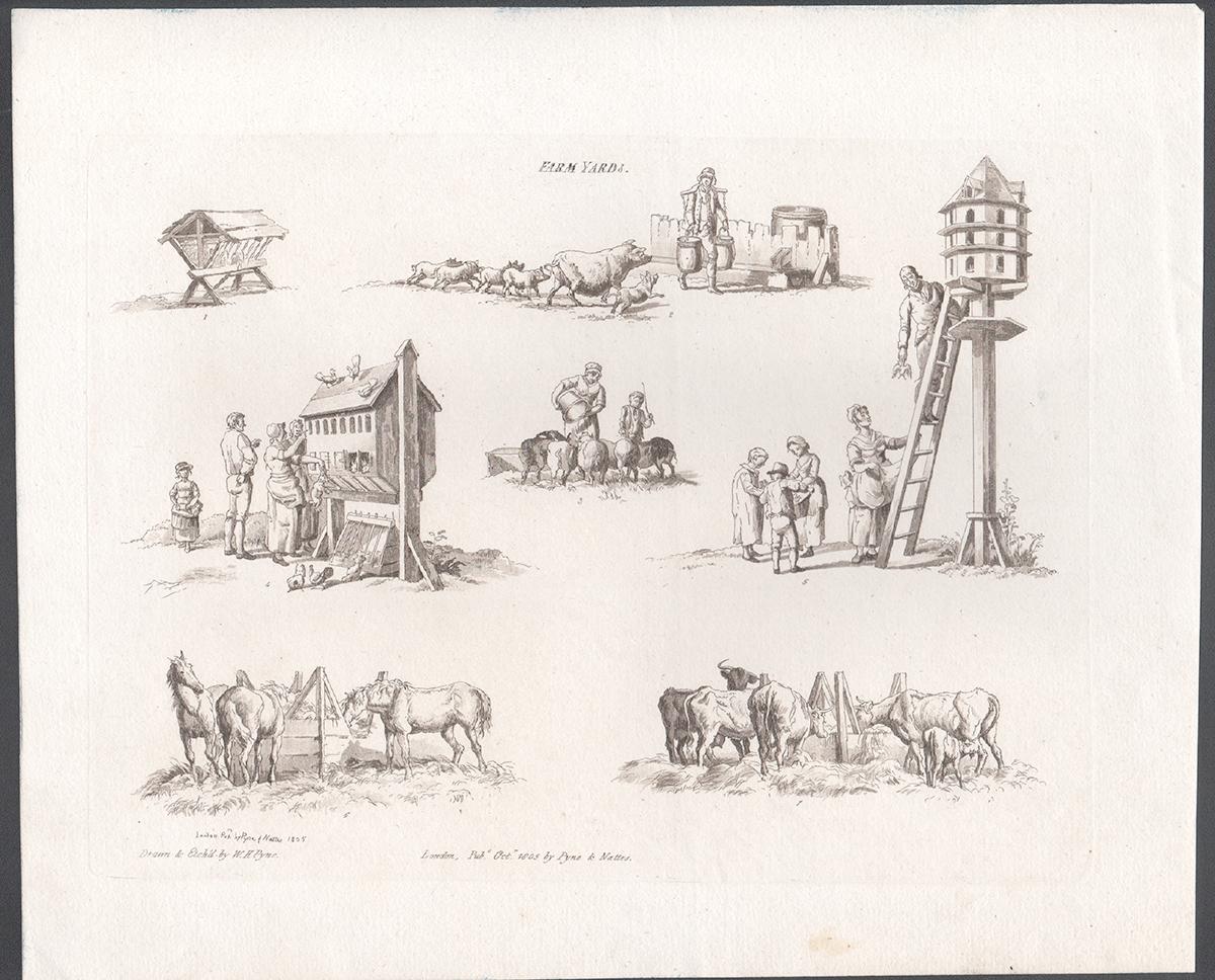 Farm Yards, early 19th century sepia soft ground etching, 1805 - Print by William Henry Pyne