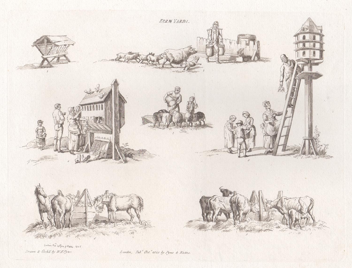 Farm Yards, early 19th century sepia soft ground etching, 1805