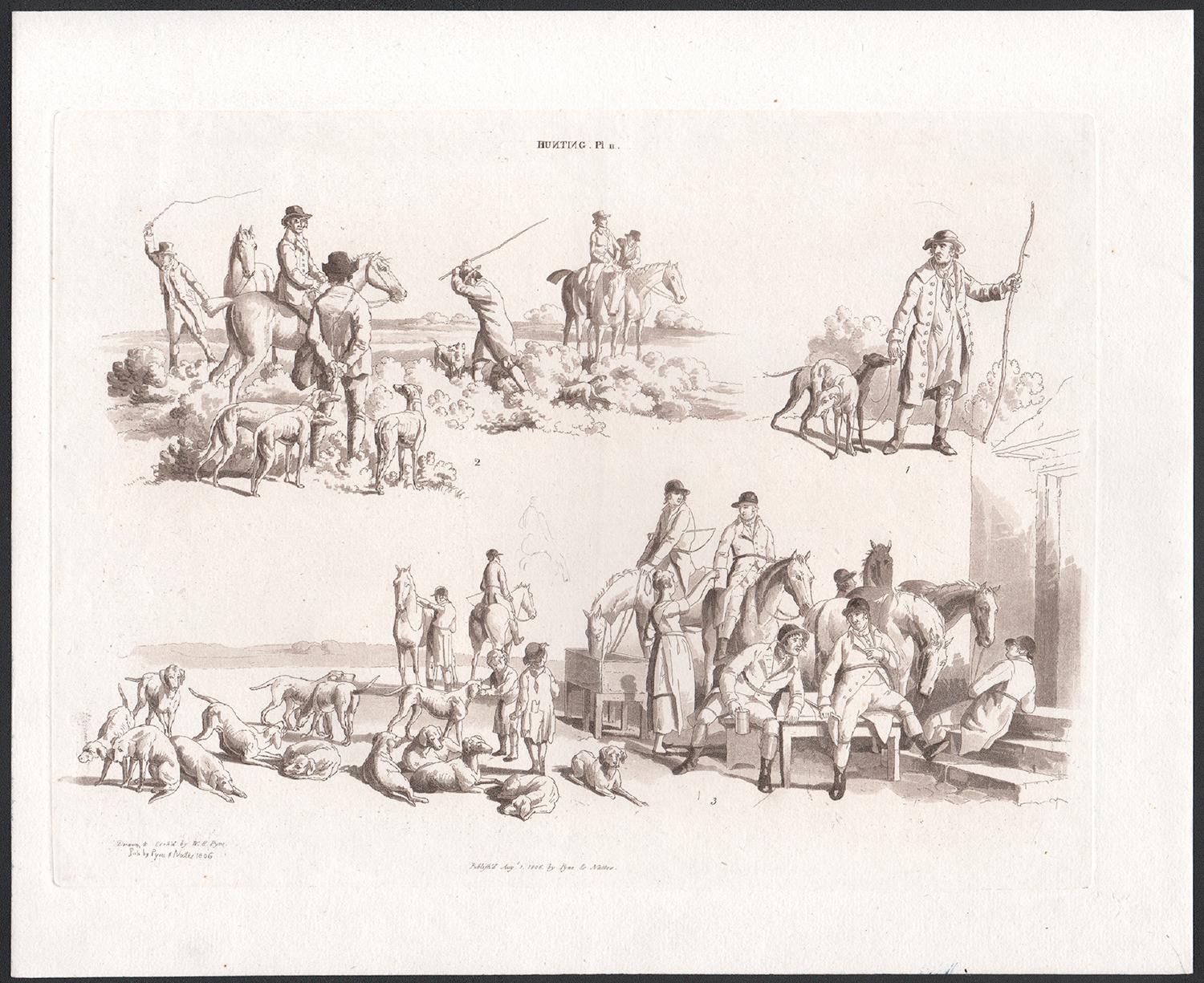 Hunting, early 19th century sepia soft ground etching, 1805 - Print by William Henry Pyne
