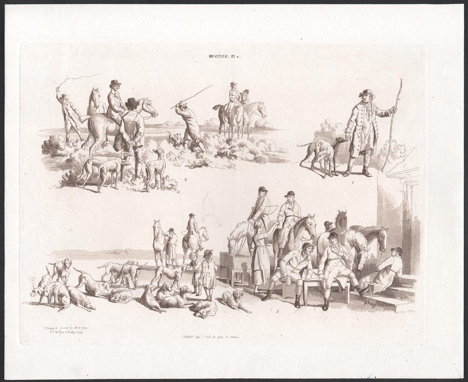 Hunting, early 19th century sepia soft ground etching, 1805 - Print by William Henry Pyne