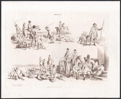 Hunting, early 19th century sepia soft ground etching, 1805