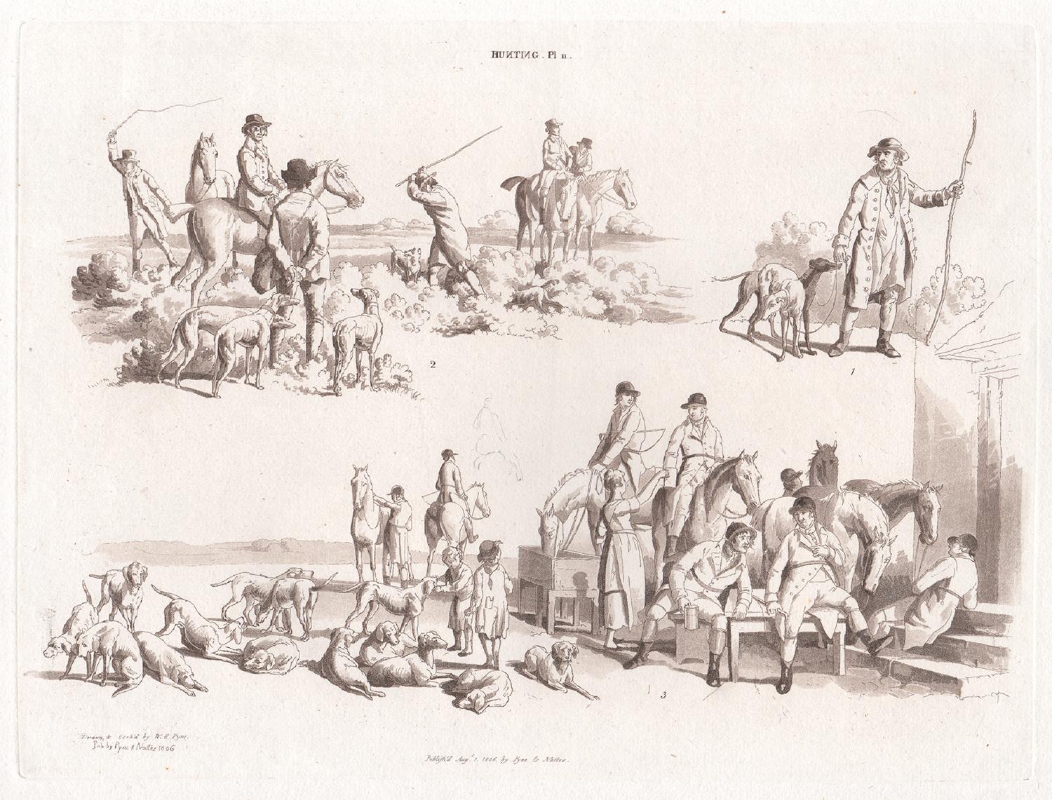 William Henry Pyne Figurative Print - Hunting, early 19th century sepia soft ground etching, 1805
