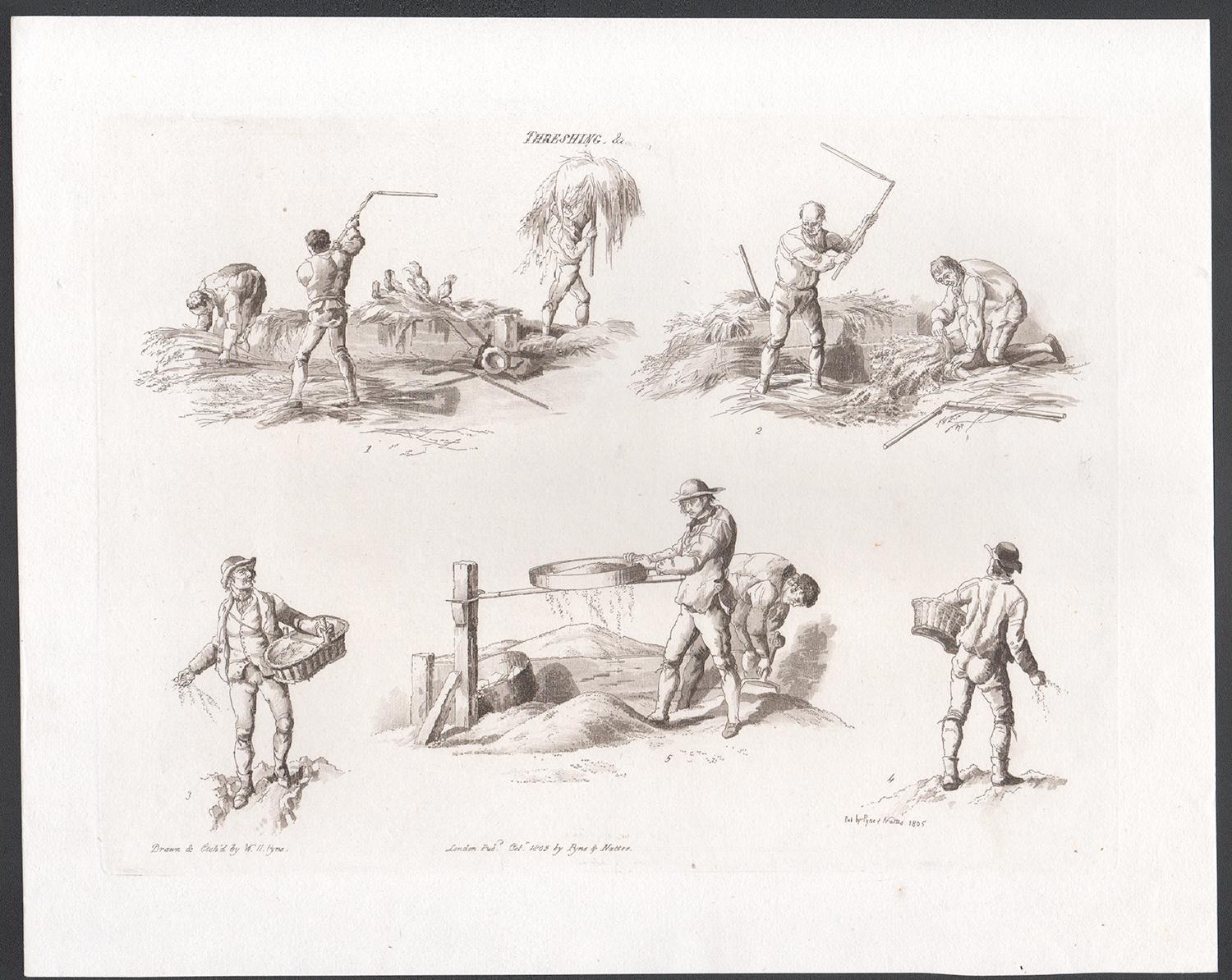 Threshing, early 19th century sepia soft ground etching, 1805 - Print by William Henry Pyne