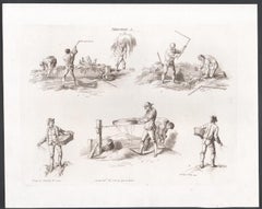 Threshing, early 19th century sepia soft ground etching, 1805