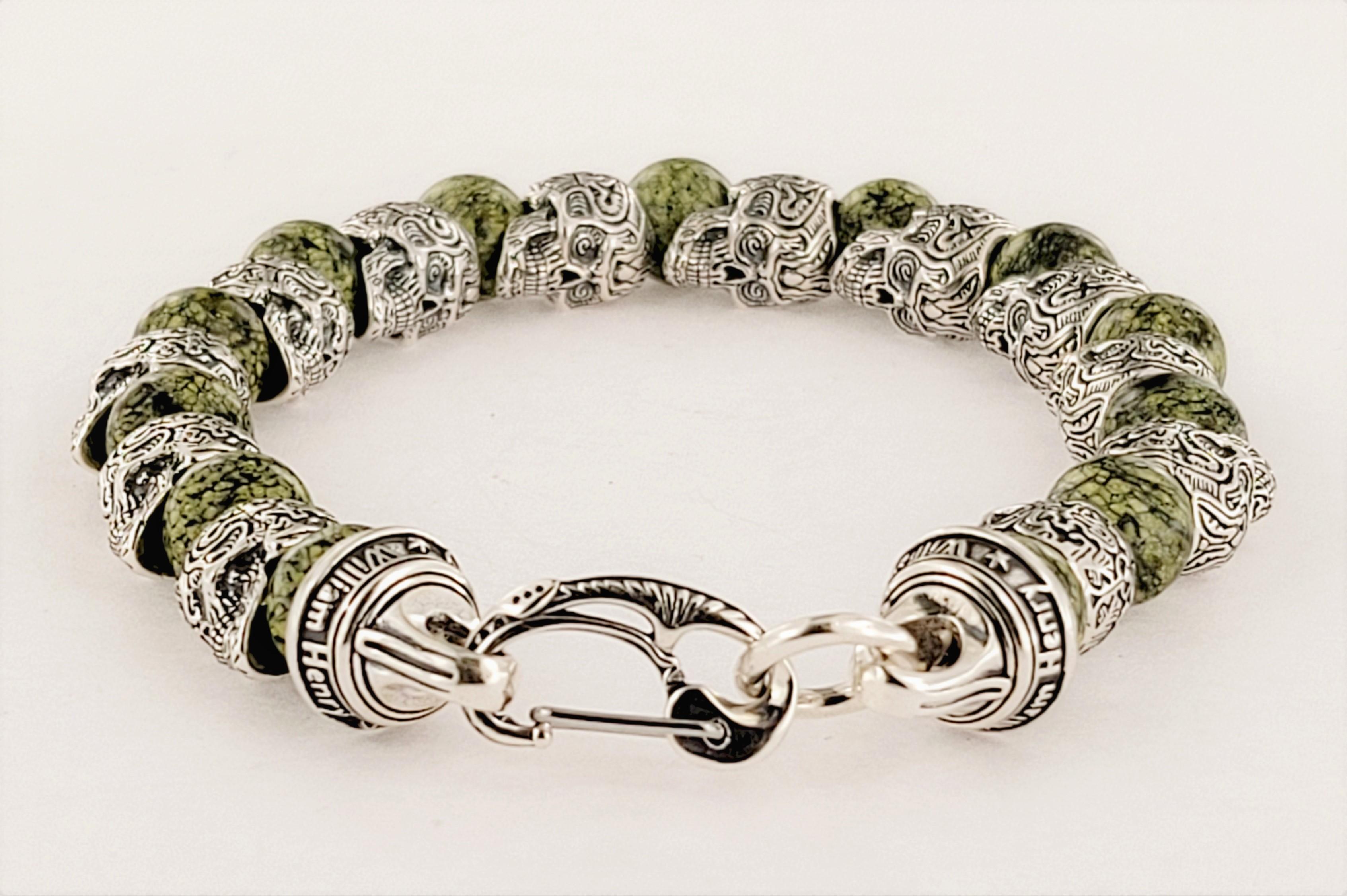 William Henry Reliant Silver Skull and Green Serpentine Bead Bracelet 1
