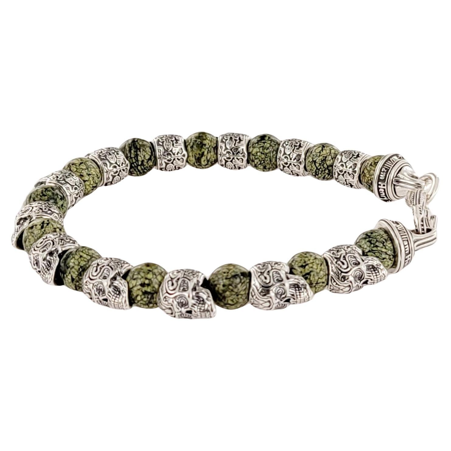 William Henry Reliant Silver Skull and Green Serpentine Bead Bracelet