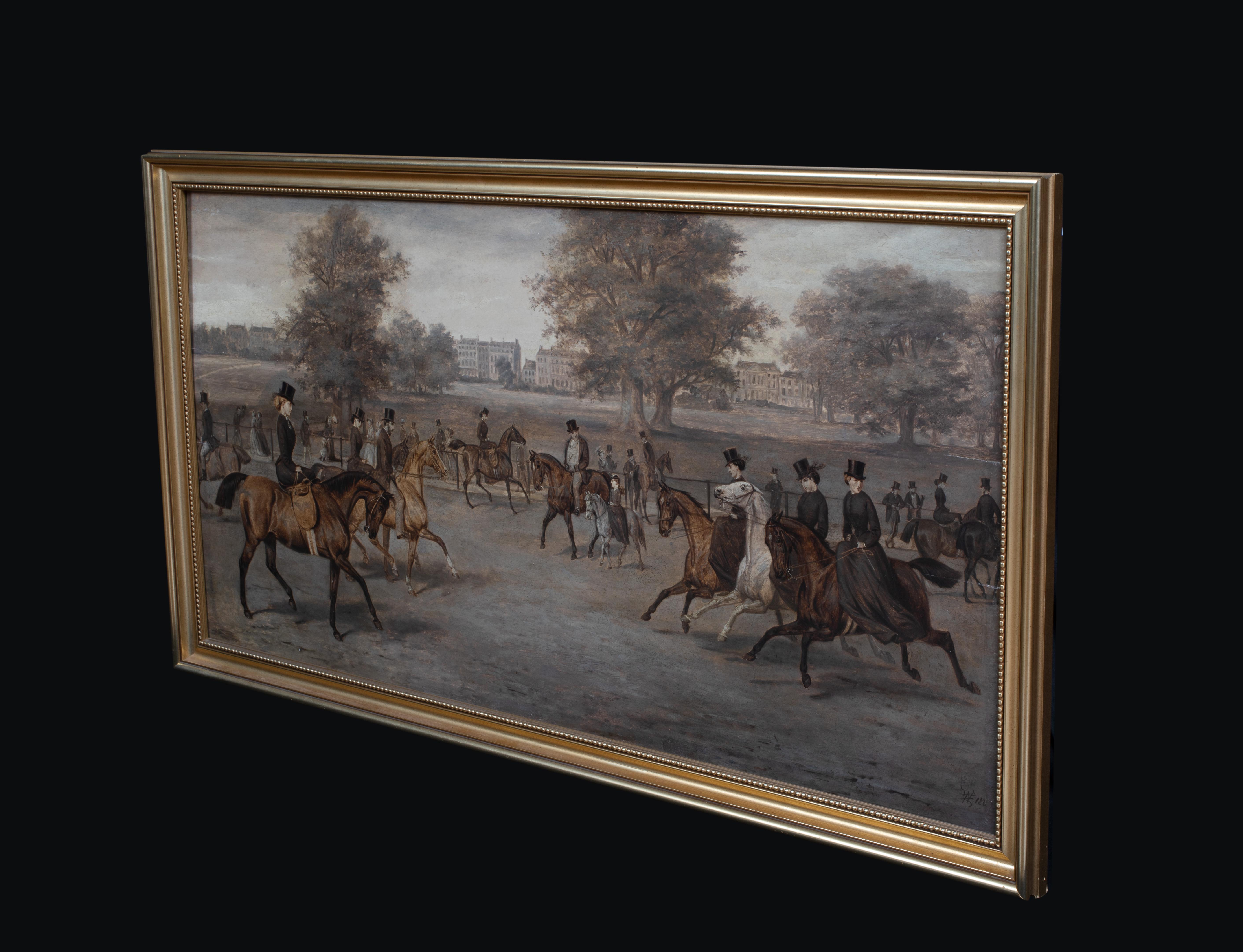 Horse Riding At Rotten Row, Hyde Park, London, 19th Century  - Black Landscape Painting by William Henry Wheelwright