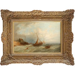 Victorian Signed Oil Painting Fishing Boats in Choppy Seas off Old Harbour