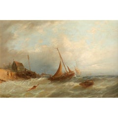 Victorian Signed Oil Painting Fishing Boats in Choppy Seas off Old Harbour