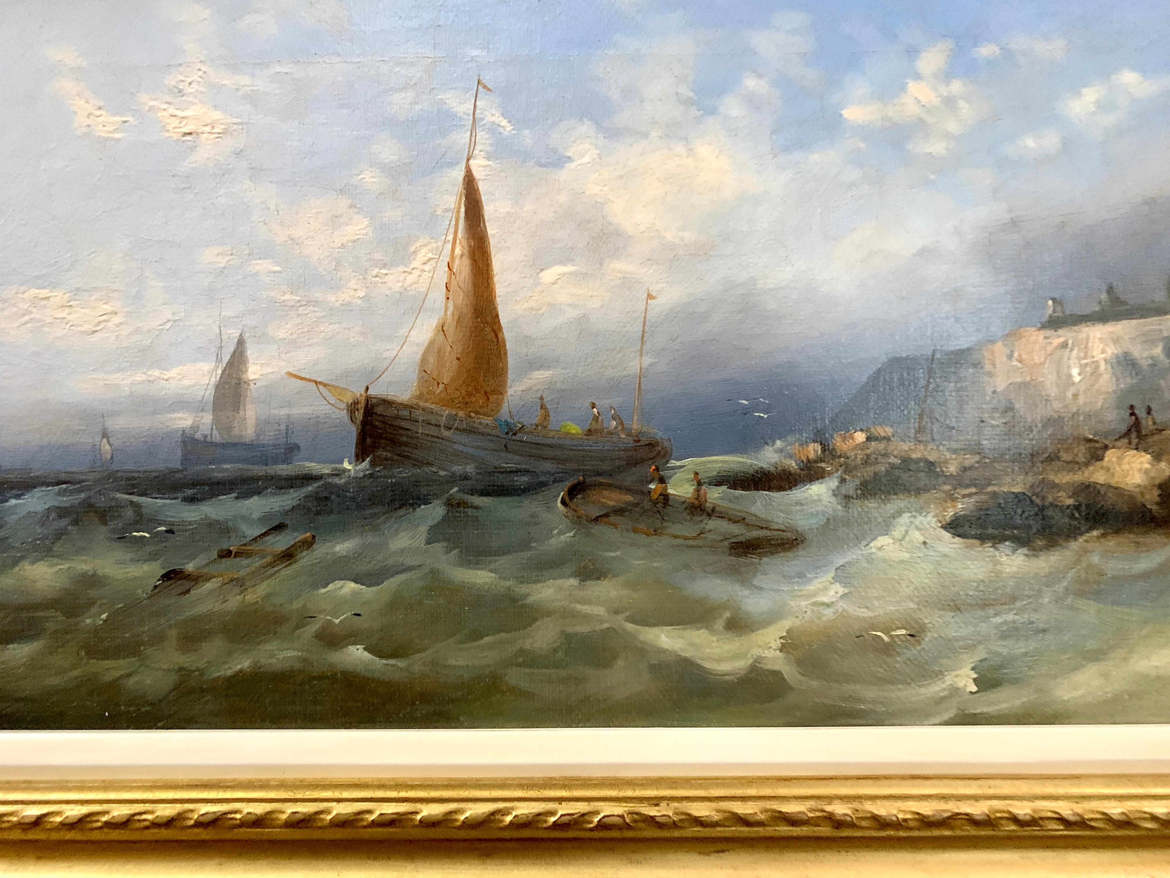 Antique 19th century English fishing vessels In the English Channel - Painting by William Henry Williamson