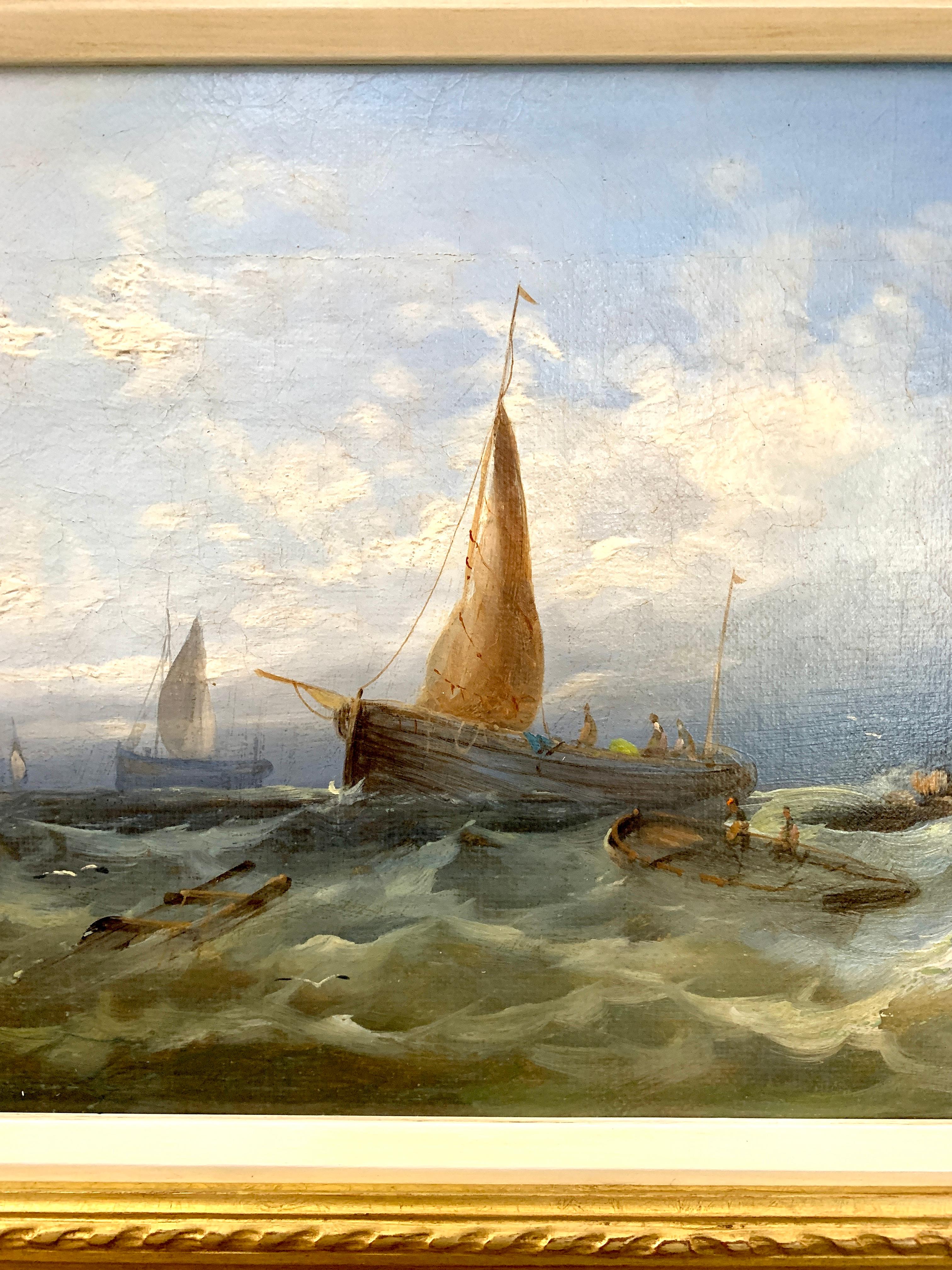 Anciennes récipients de pêche anglais du 19ème siècle dans la côte anglaise - Victorien Painting par William Henry Williamson