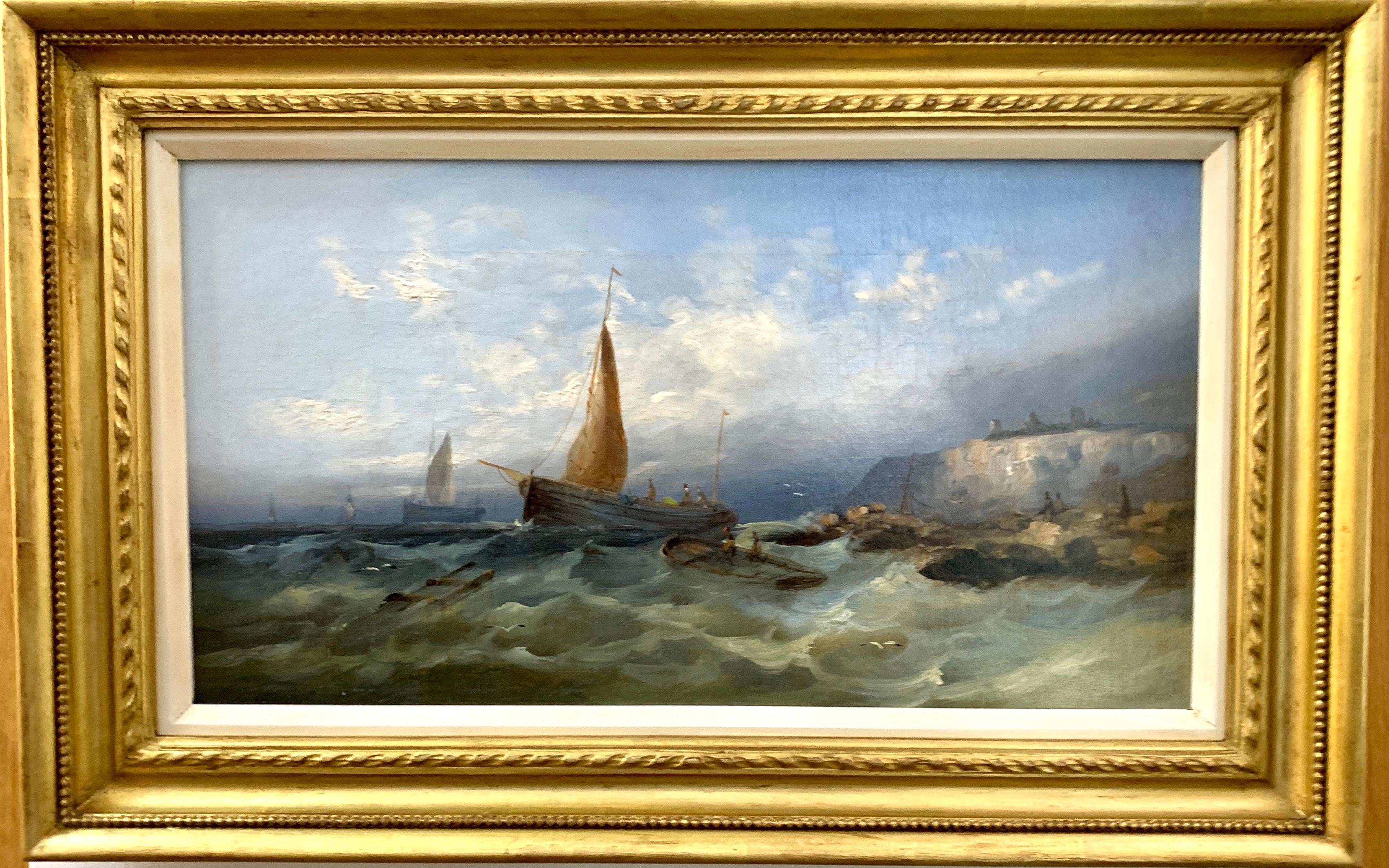 Landscape Painting William Henry Williamson - Anciennes récipients de pêche anglais du 19ème siècle dans la côte anglaise