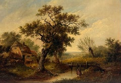 Pregevole olio inglese del XIX secolo su un paesaggio di campagna e su una scena di figura