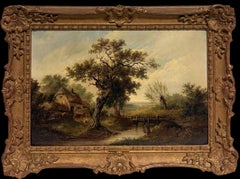 Pregevole olio inglese del XIX secolo su un paesaggio di campagna e su una scena di figura