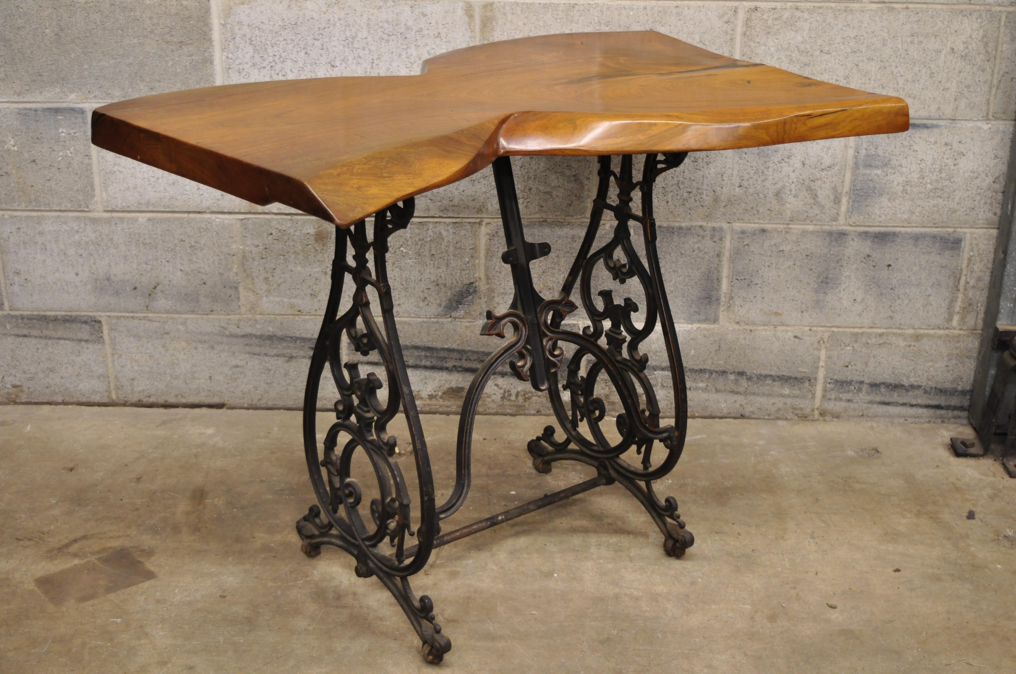 20th Century William Herrick Cast Iron Sewing Machine Base Desk Console Table Live Edge Top For Sale