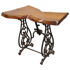 Used William Herrick Cast Iron Sewing Machine Base Desk Console Table Live Edge Top