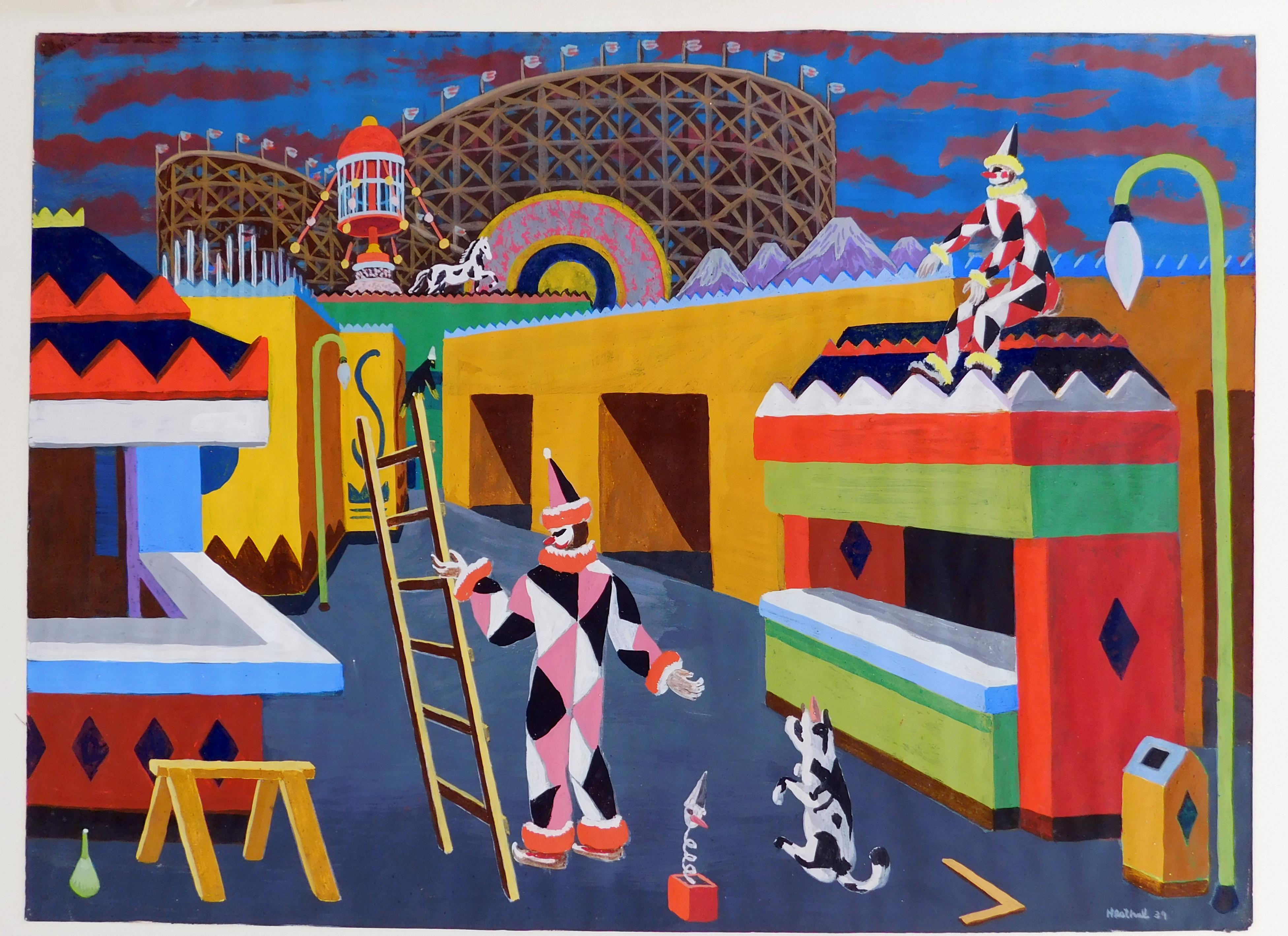 Willaim Hesthal Kalifornien Künstler original Aquarell. Surreale und skurrile Zirkusszene mit Clowns.
Signiert unten rechts 