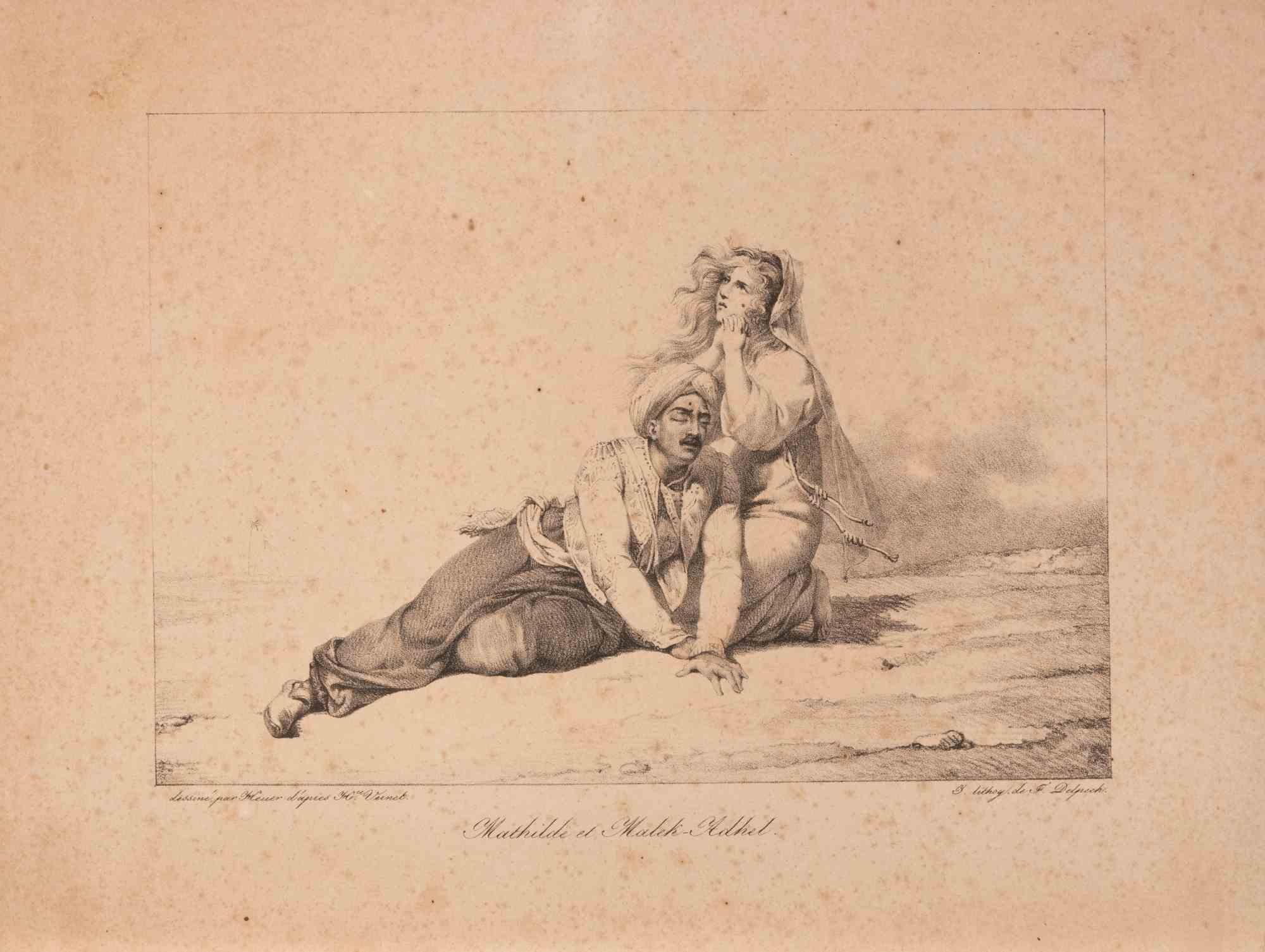 Mathilde et Malek-Adhel - Lithograph by William Heuer - Mid-19th Century