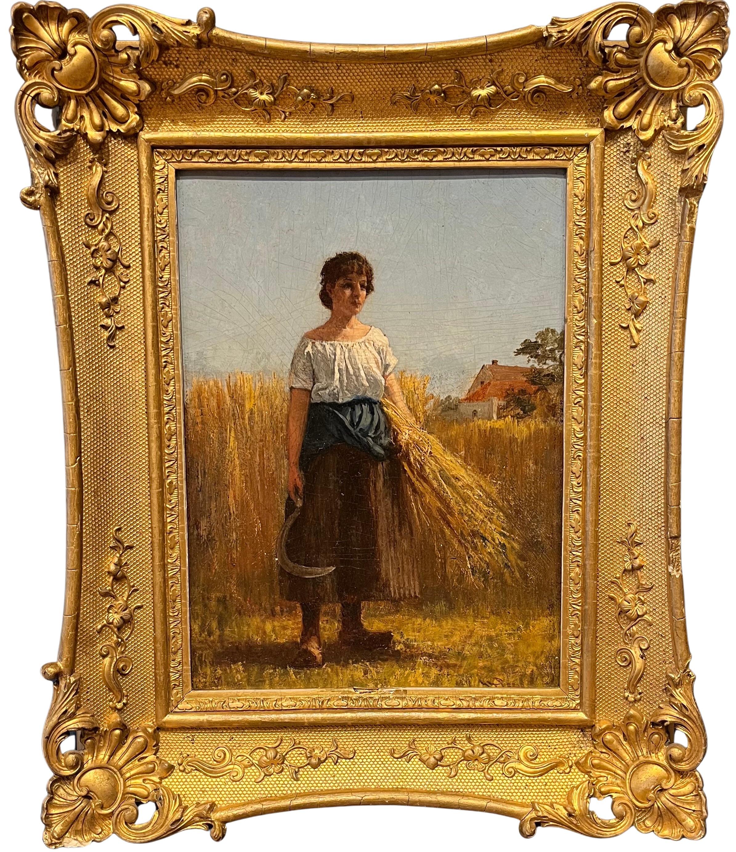 William Hicok Low Portrait Painting - Oil Portrait of Woman in Wheat Field