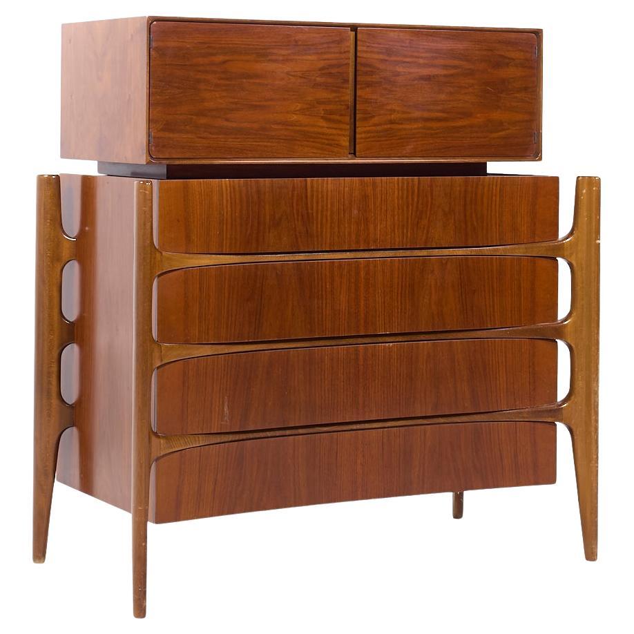 William Hinn Mid Century Walnut Curved Front Highboy Dresser