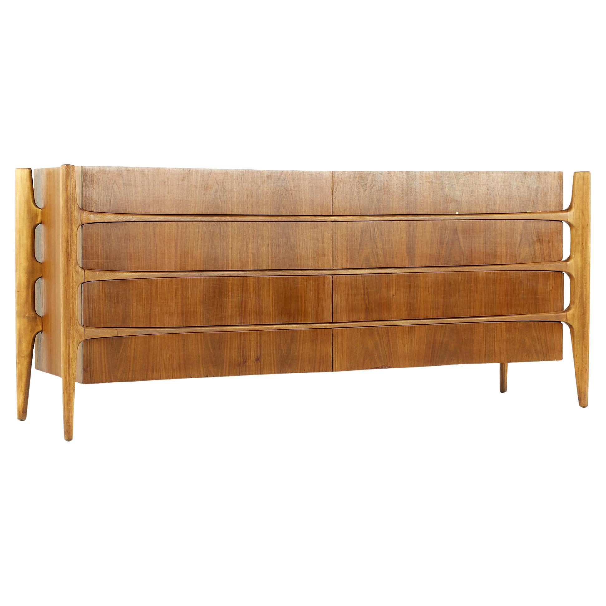 William Hinn Mid Century Walnut Curved Front Lowboy Chest Of Drawers