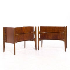 William Hinn Mid Century Walnut Curved Front Nightstands - Pair