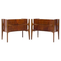 William Hinn Mid Century Walnut Curved Front Nightstands - Pair