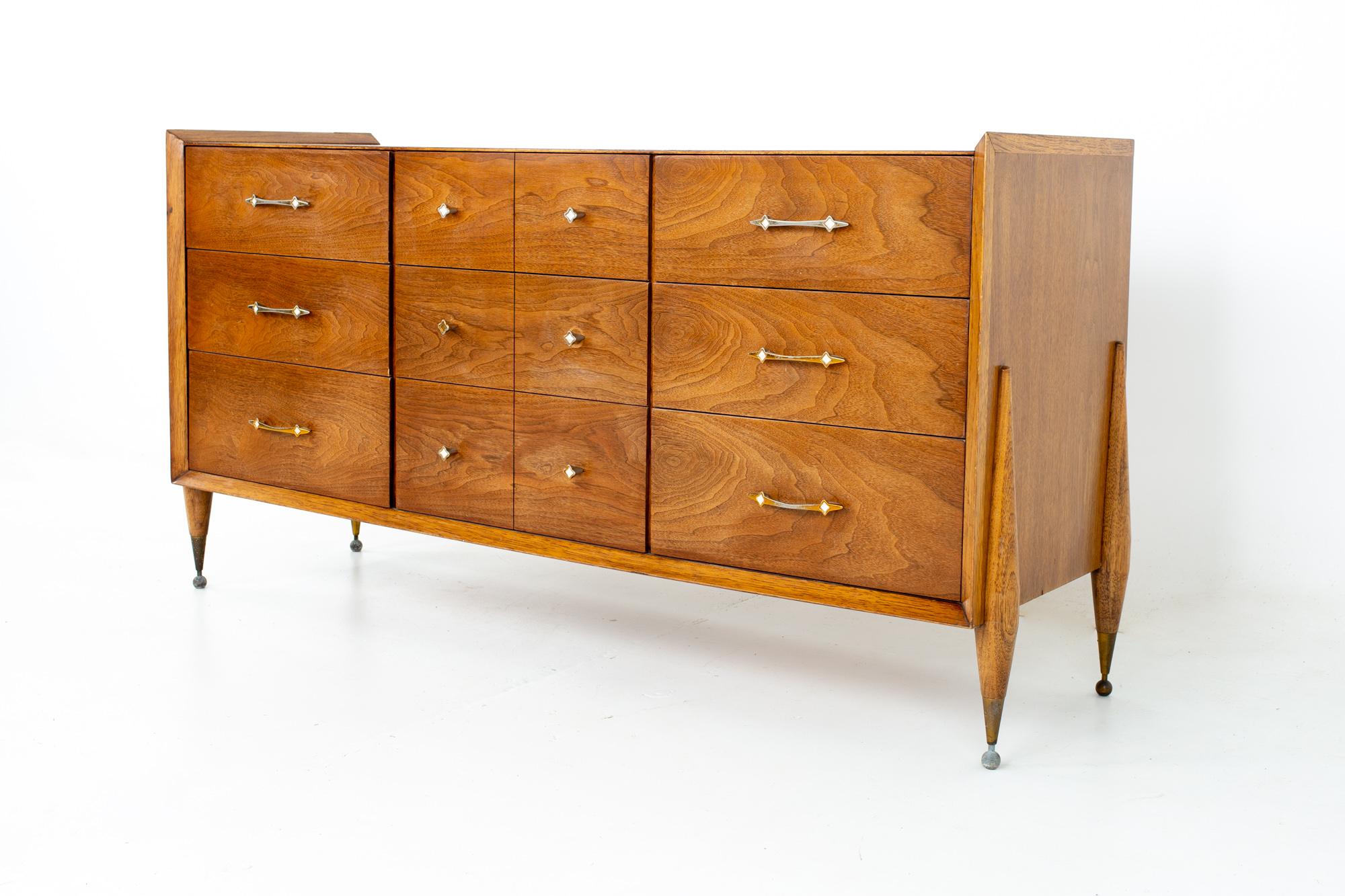 William Hinn style Kent Coffey mid century auburn walnut and pecan 9 drawer lowboy dresser
Dresser measures: 63 wide x 20.25 deep x 33 inches high

All pieces of furniture can be had in what we call restored vintage condition. That means the