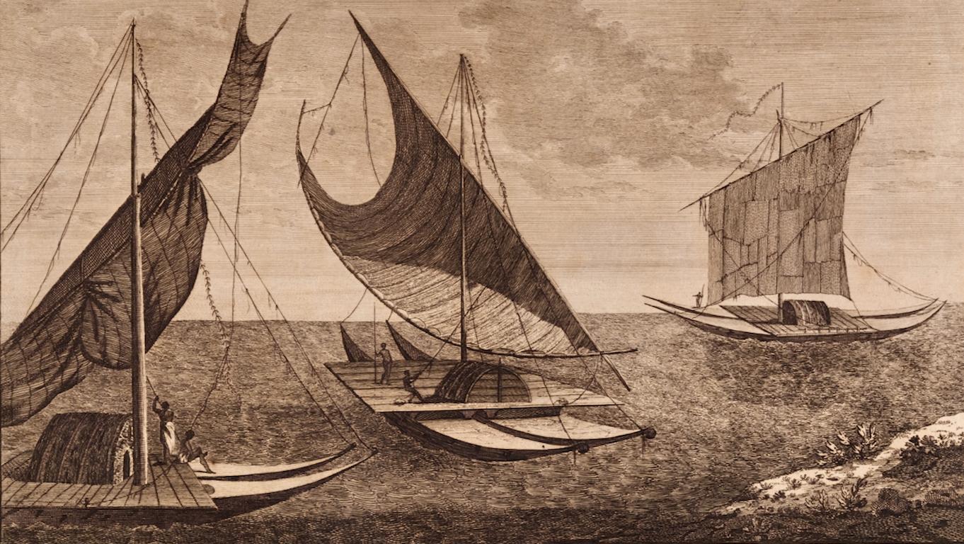 Barche delle Isole Amiche, Tonga: Incisione originale del 18° secolo del Capitano Cook - Print di William Hodges