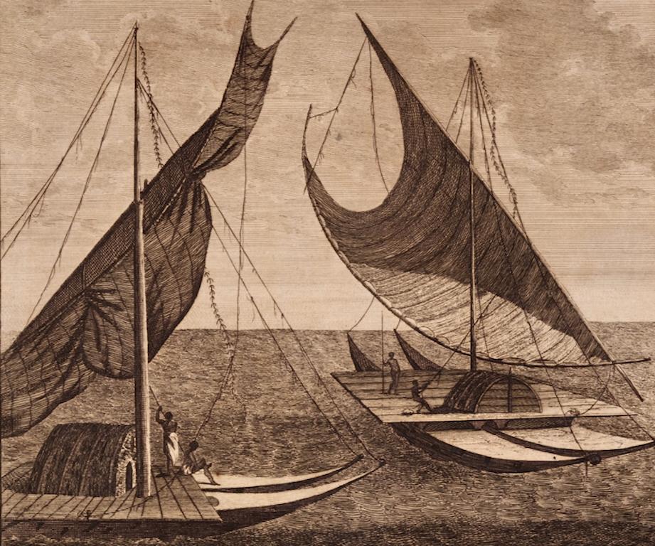 Barche delle Isole Amiche, Tonga: Incisione originale del 18° secolo del Capitano Cook - Print Beige di William Hodges