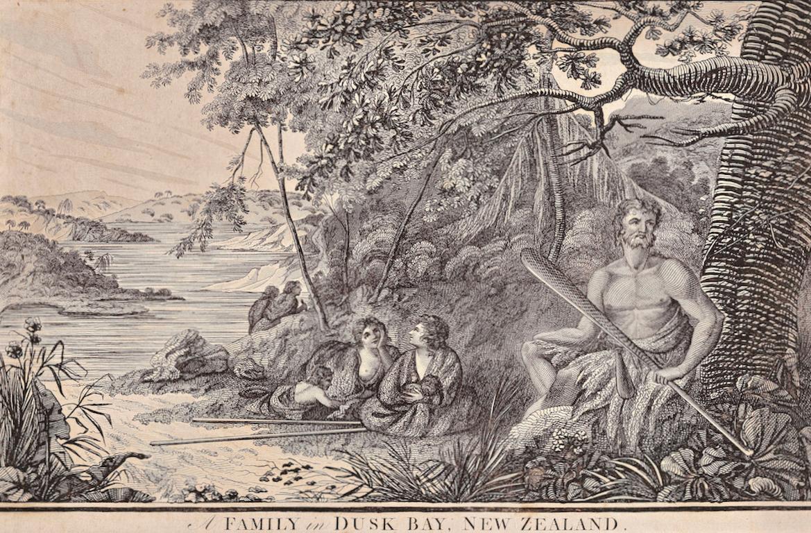 Famiglia a Dusky Bay, Nuova Zelanda: Incisione originale del 18° secolo del Capitano Cook - Print di William Hodges