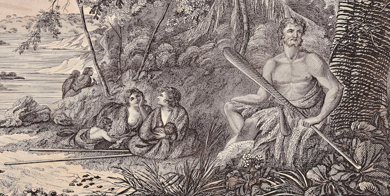Famiglia a Dusky Bay, Nuova Zelanda: Incisione originale del 18° secolo del Capitano Cook - Print Beige di William Hodges