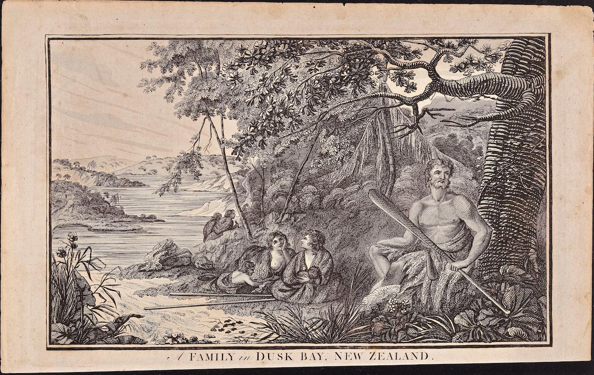 Print di William Hodges - Famiglia a Dusky Bay, Nuova Zelanda: Incisione originale del 18° secolo del Capitano Cook