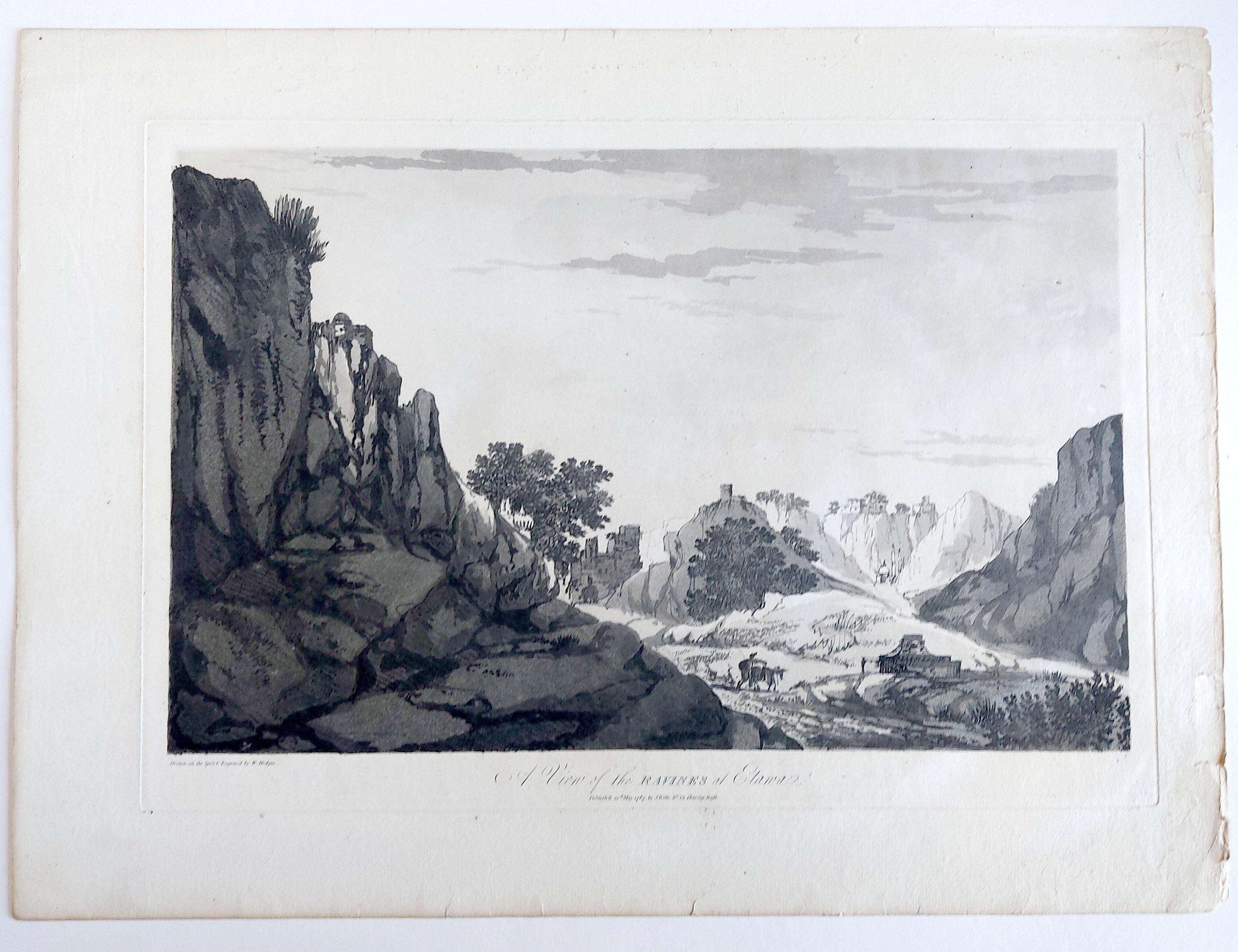 William Hodges 

Plate 27 'A View of the Ravines at Etawa'
Published 20th May 1787 by J Wells, 22 Charing Cross. 
Page size, 16.5” x 22.5”, image 11.25 x 18”


Aquatint with soft ground etching from the seminal publication, Selected Views in India,