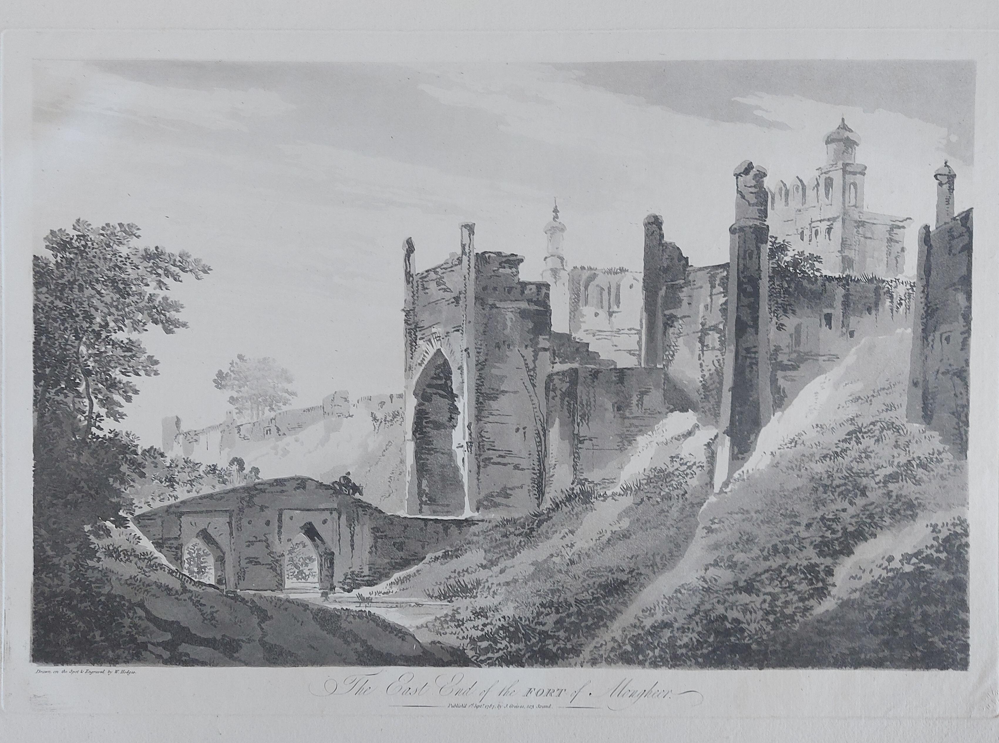 Aquatint with soft ground etching from the seminal publication, Selected Views in India, drawn on the Spot, in the Years 1780, 1781, 1782 and 1783, and Executed in Aquatint in 1786 - 1788


W.Hodges 
'The East End of the Fort of Mongheer'
Published