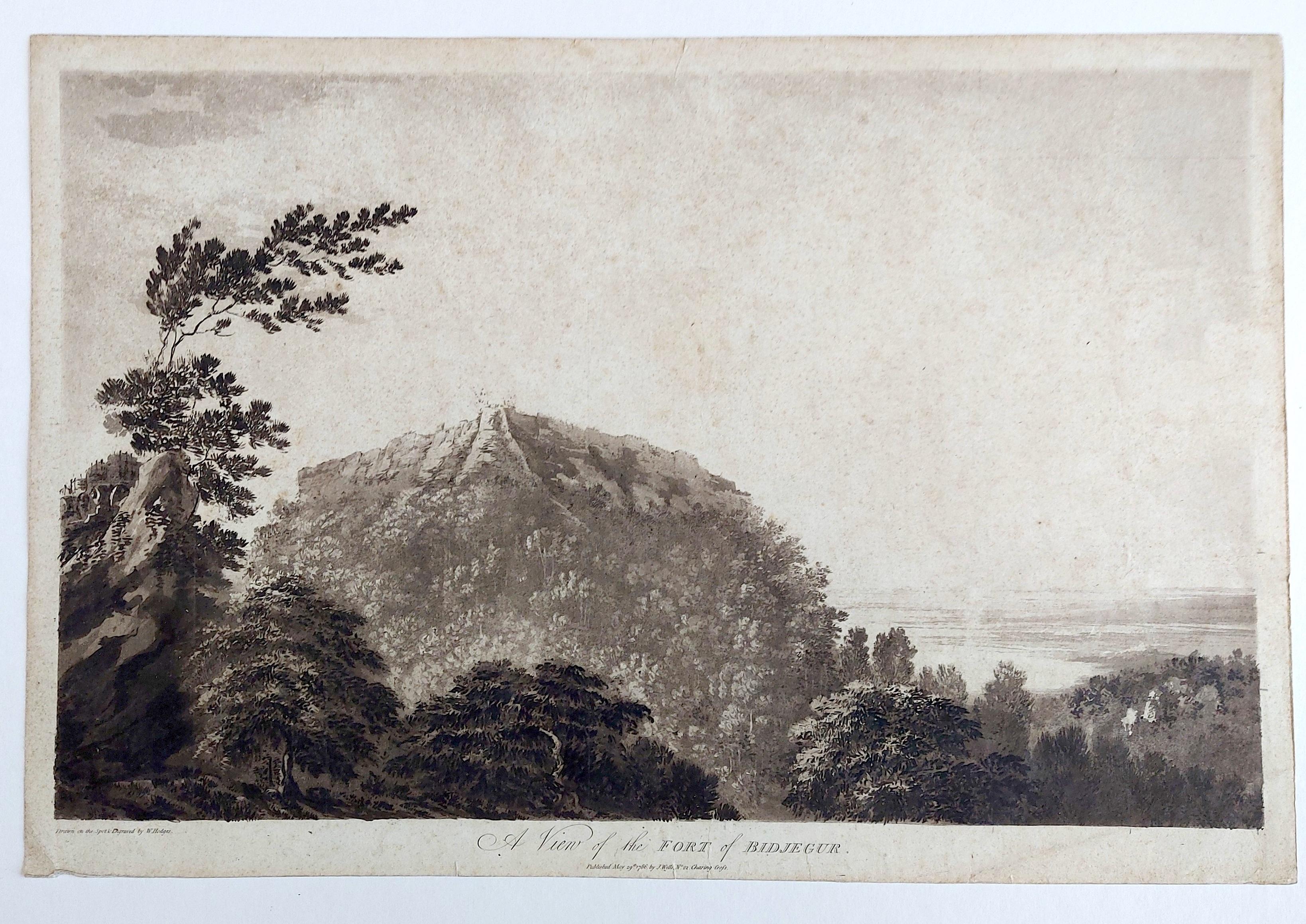 William Hodges 
'A View of the Fort of Bidjegur'
Published May 29th 1786 by J.Wells No:22 Charing Cross
Image size 32.2 x 48.2 cm

Aquatint with soft ground etching from the seminal publication, Selected Views in India, drawn on the Spot, in the